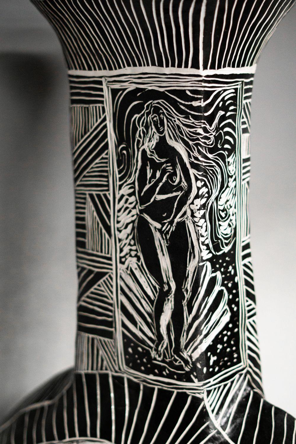 Reimagining the Divine as You. Large Carved Porcelain Vase For Sale 7