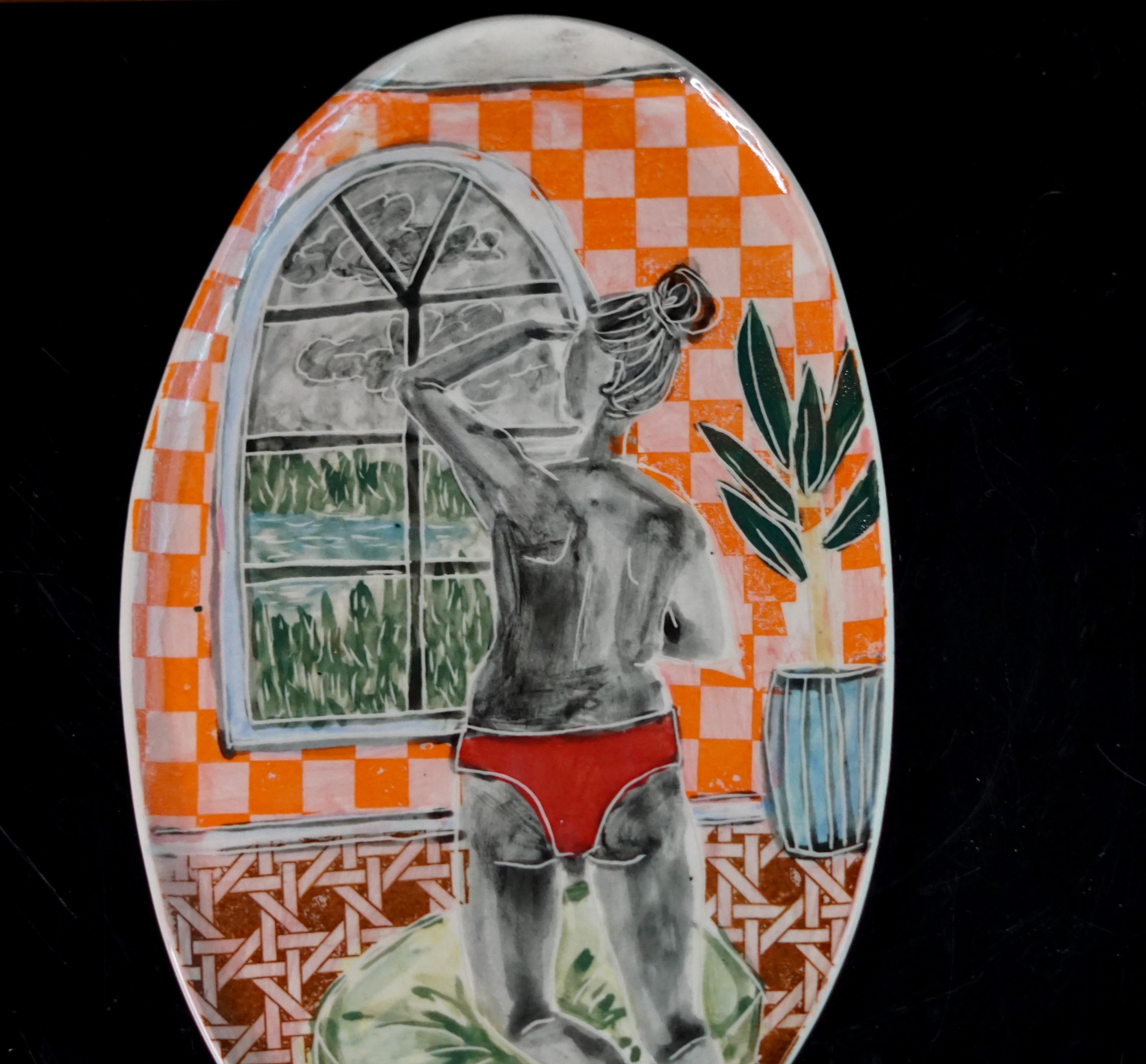 Seeking Solace Portrait, Hand built plate with sgraffito and collaged transfer For Sale 1