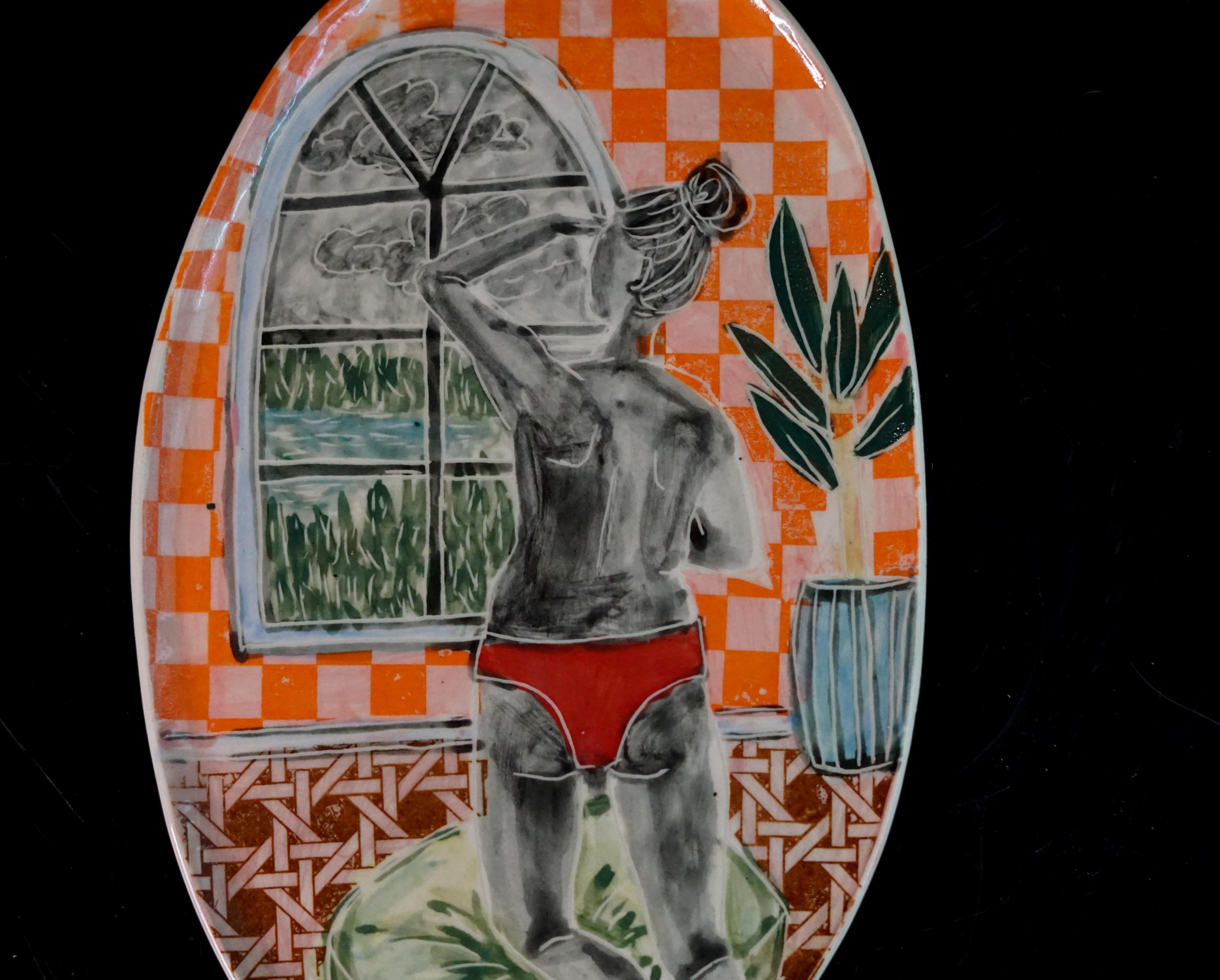 Seeking Solace Portrait, Hand built plate with sgraffito and collaged transfer For Sale 3