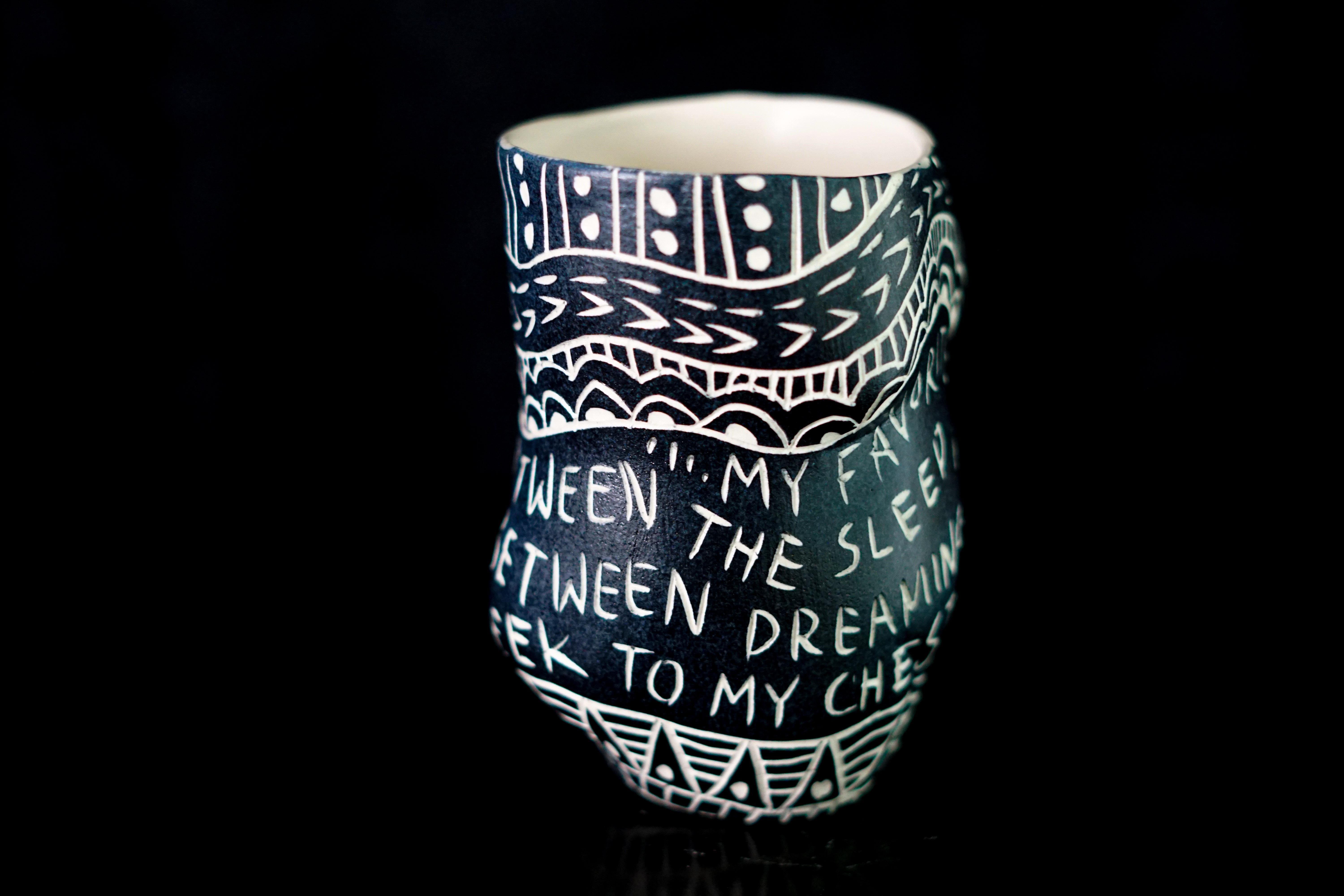 Set of 3 Handmade Porcelain Cups with Sgraffito Detailing For Sale 4