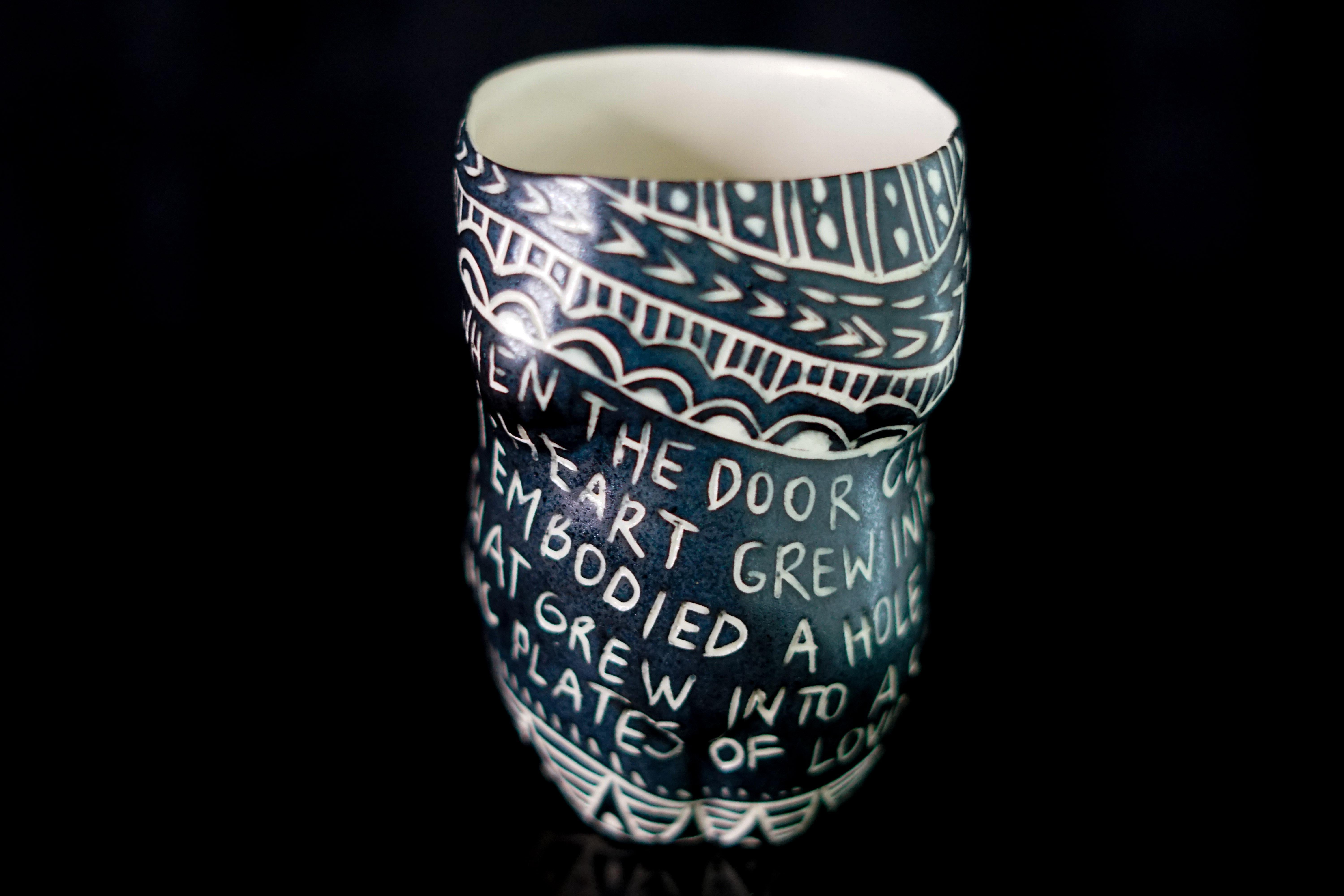 Set of 3 Handmade Porcelain Cups with Sgraffito Detailing - Sculpture by Alex Hodge