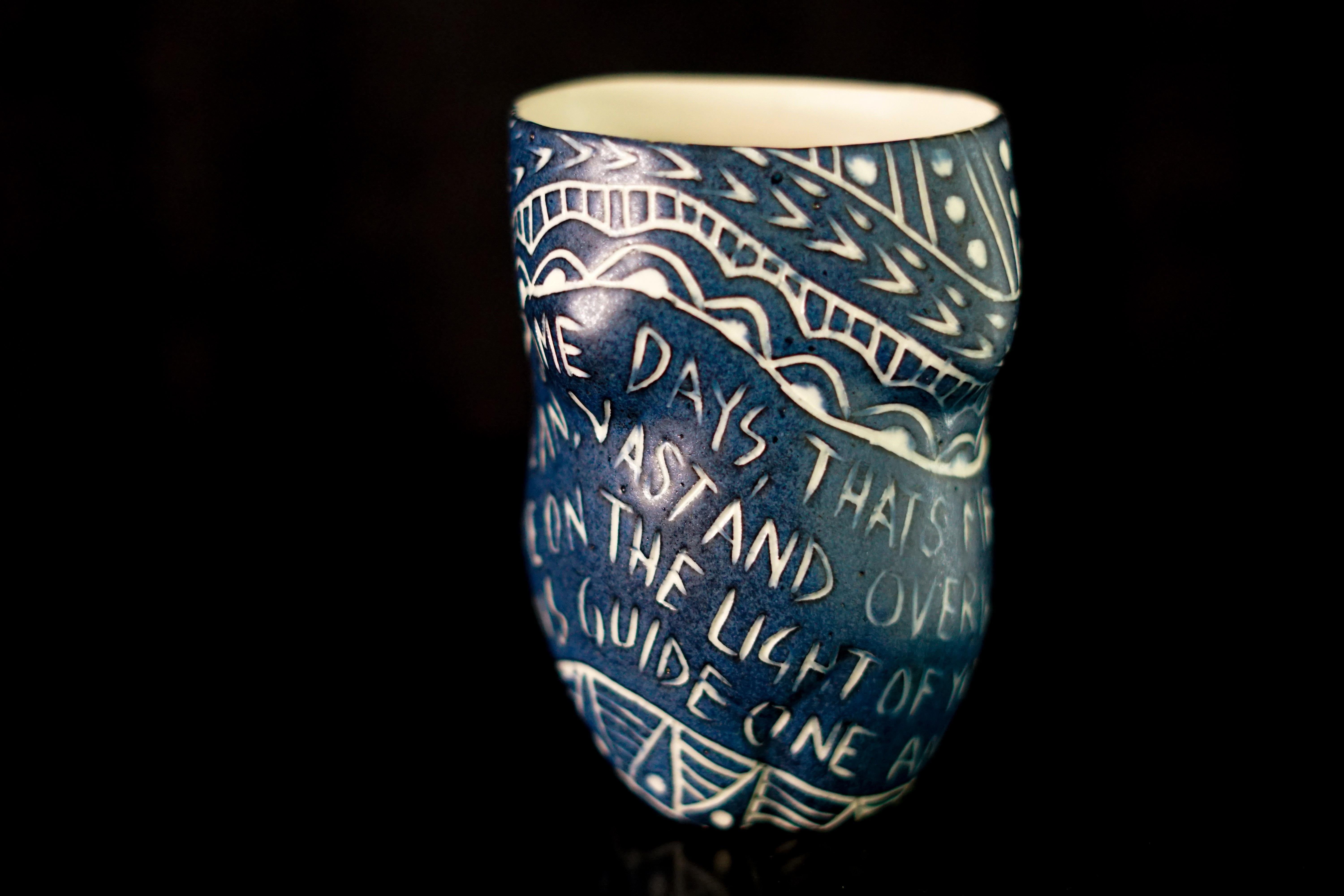 Set of 3 Handmade Porcelain Cups with Sgraffito Detailing - Black Figurative Sculpture by Alex Hodge