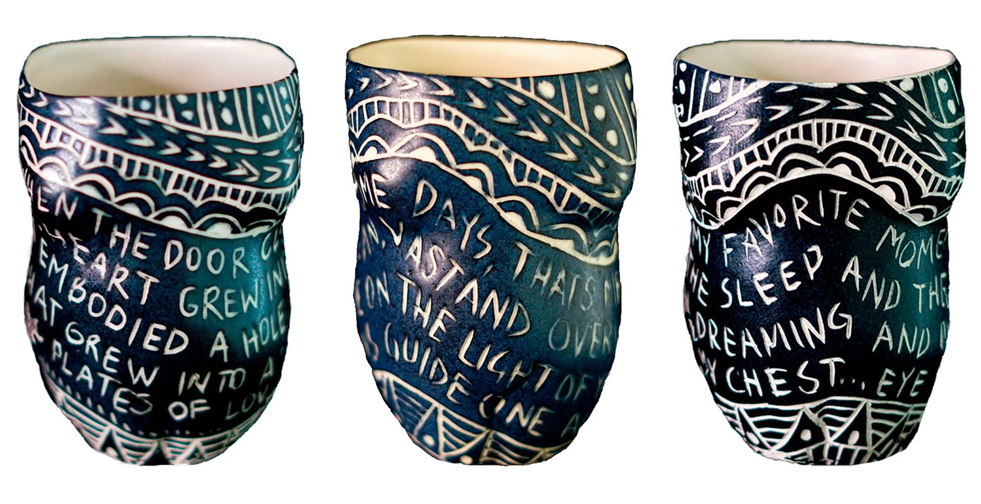 Set of 3 Handmade Porcelain Cups with Sgraffito Detailing