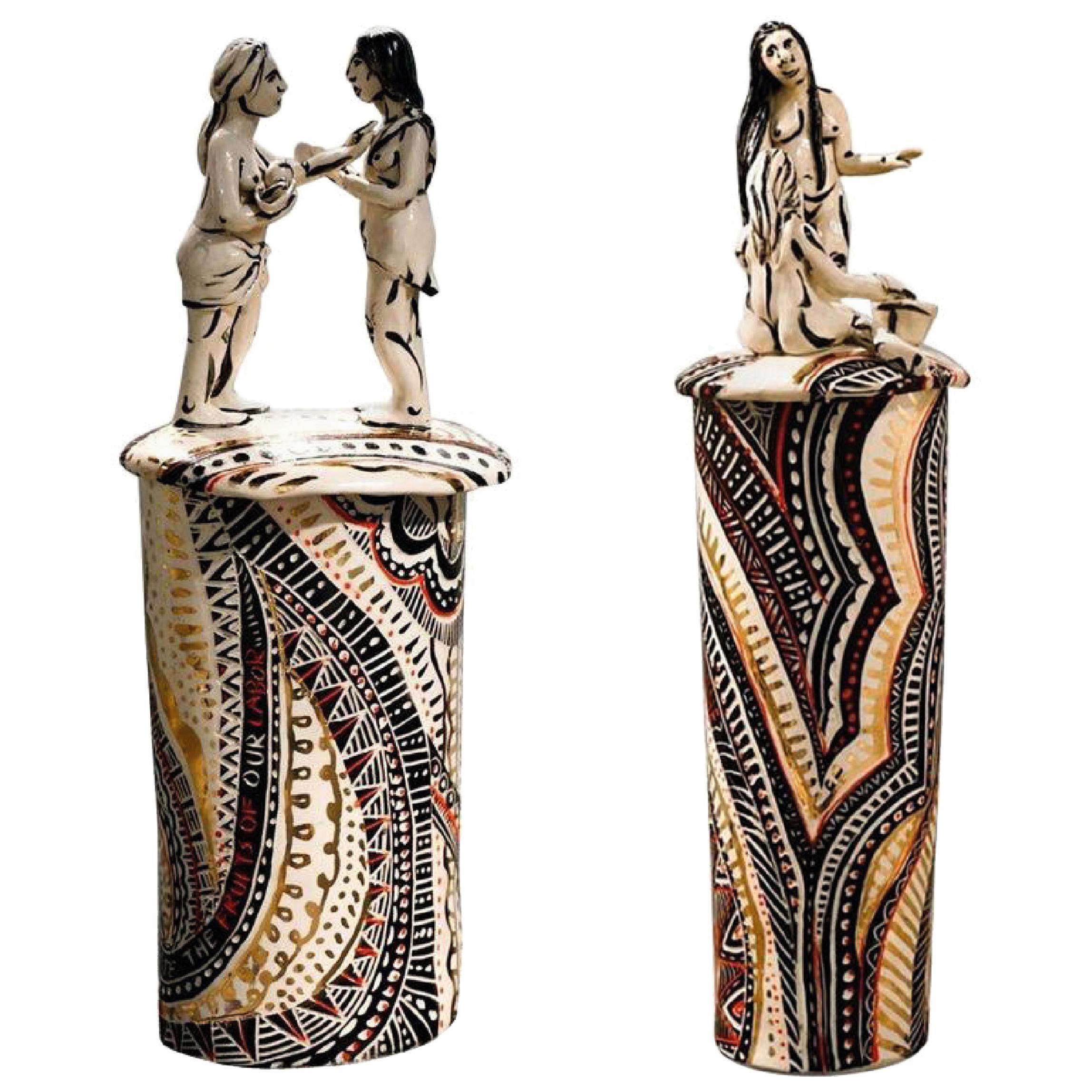 Two sculptures. The Historic Jar Series. Porcelain, with hand-painted details