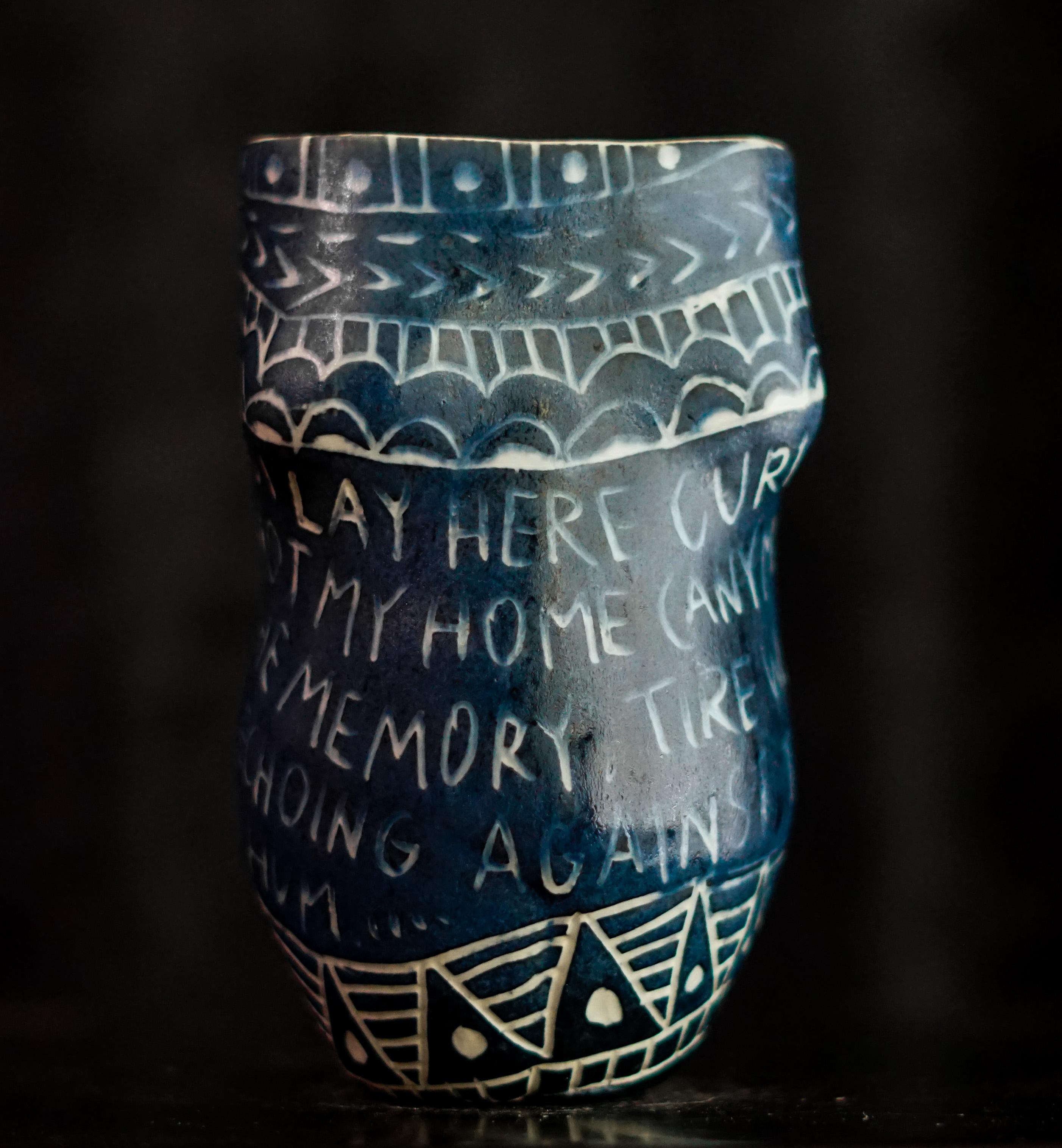“So I Lay Here...” Porcelain cup with sgraffito detailing - Sculpture by Alex Hodge