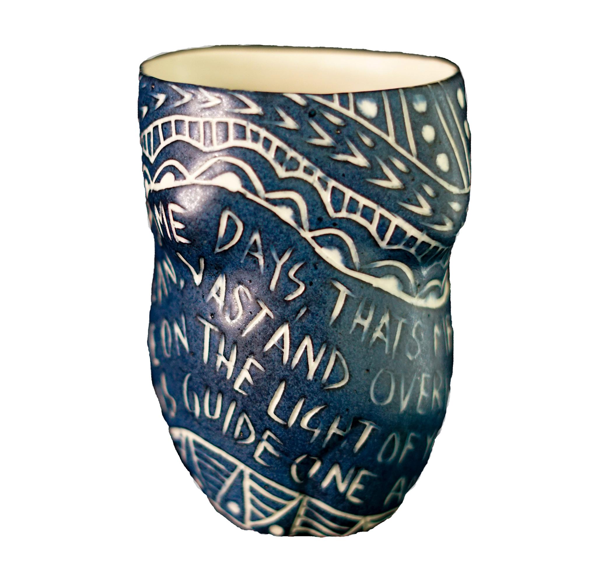Alex Hodge Figurative Sculpture - Some days that’s me...", Porcelain Cup with Sgraffito Detailing