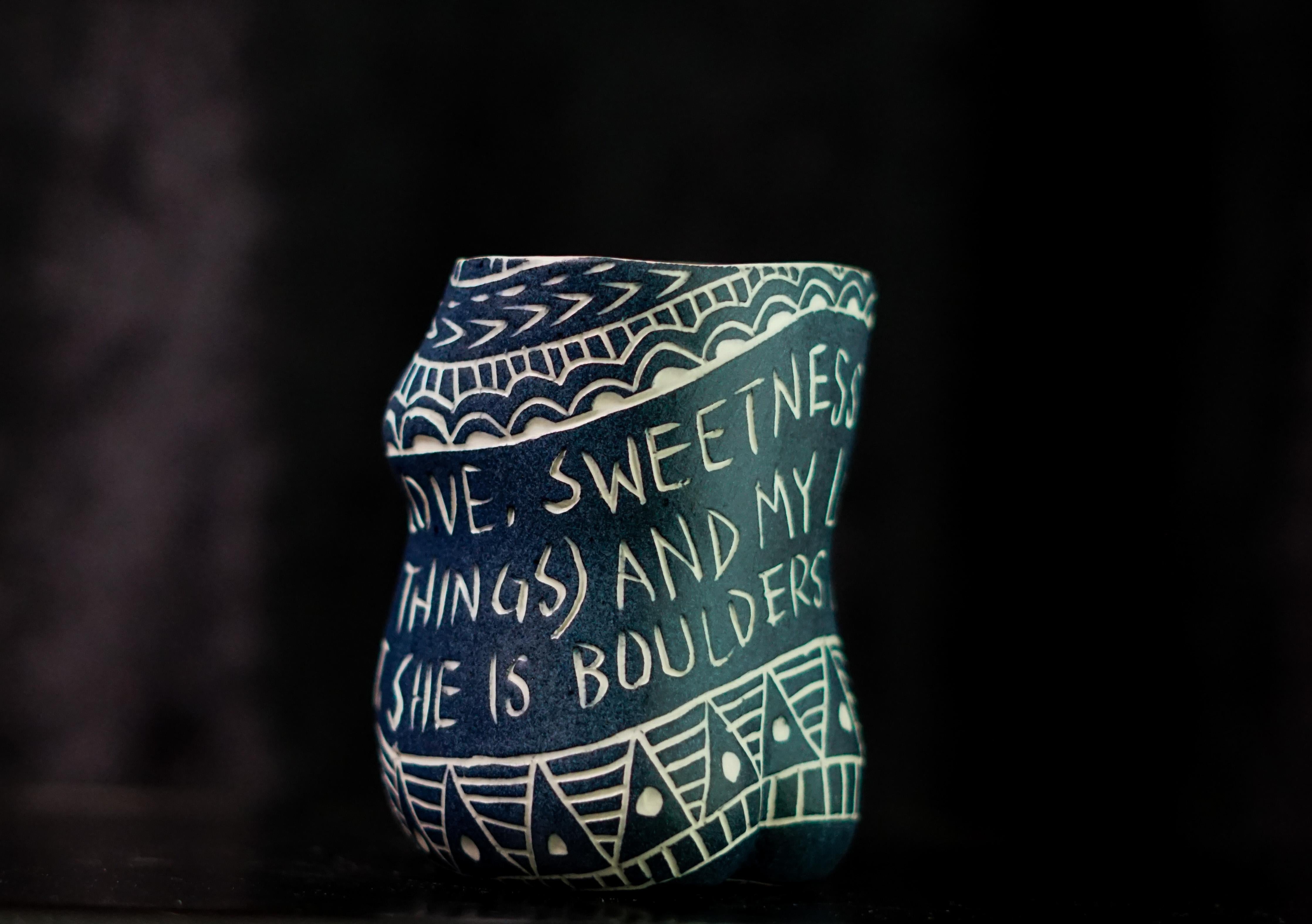 “The Rush of Love..” Porcelain cup with sgraffito detailing by the artist - Modern Sculpture by Alex Hodge
