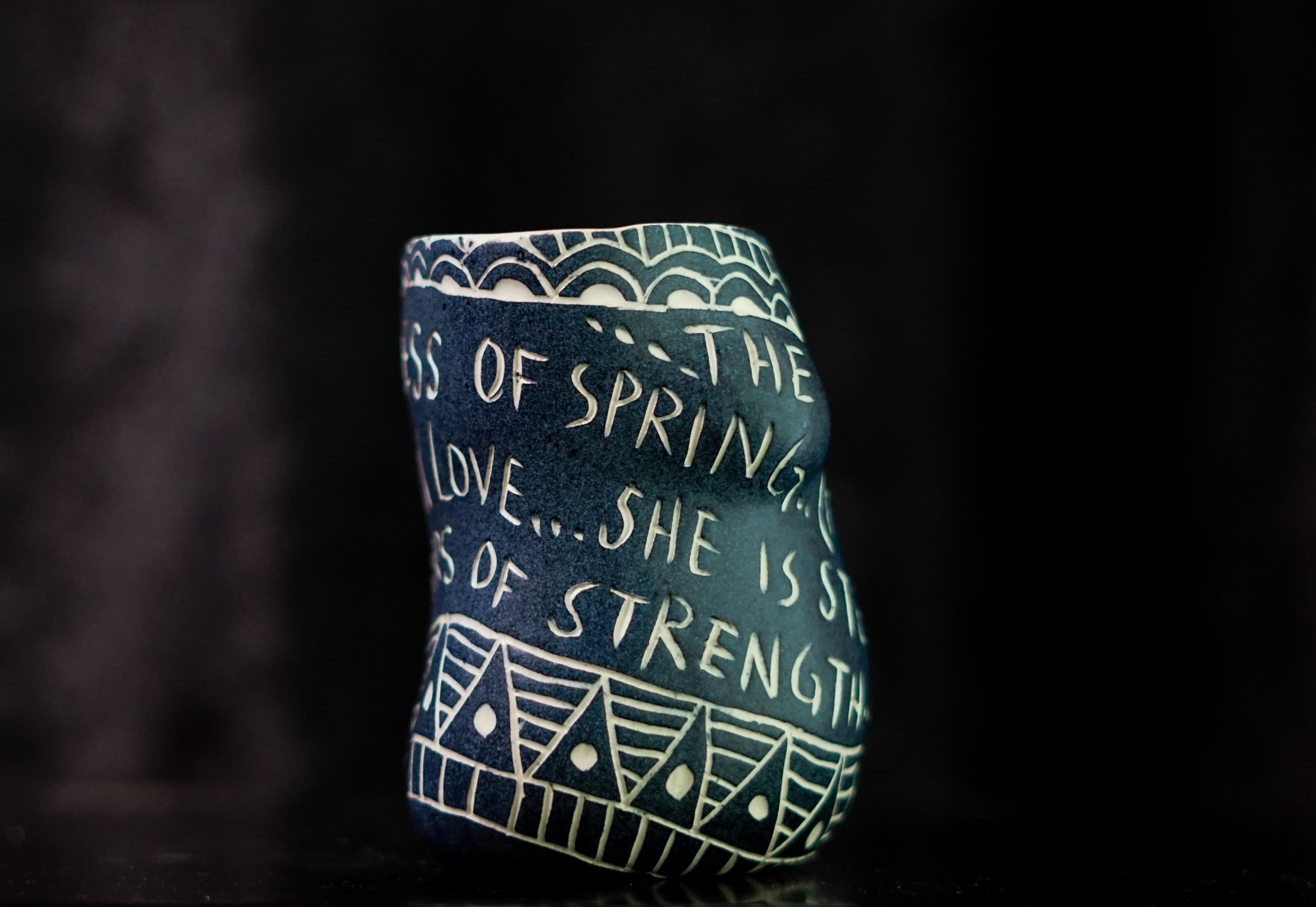 “The Rush of Love..” Porcelain cup with sgraffito detailing by the artist For Sale 1