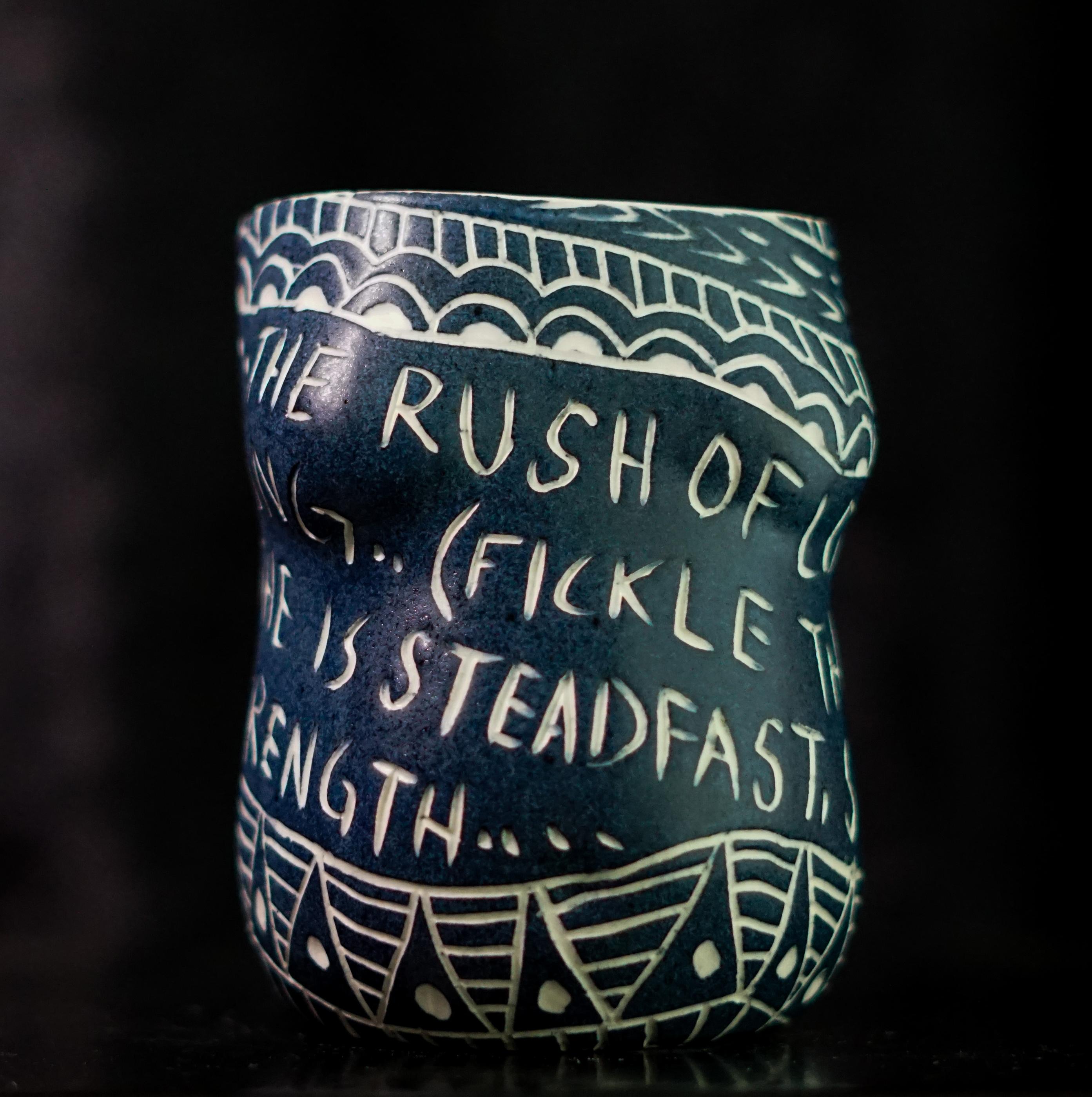 “The Rush of Love..” Porcelain cup with sgraffito detailing by the artist