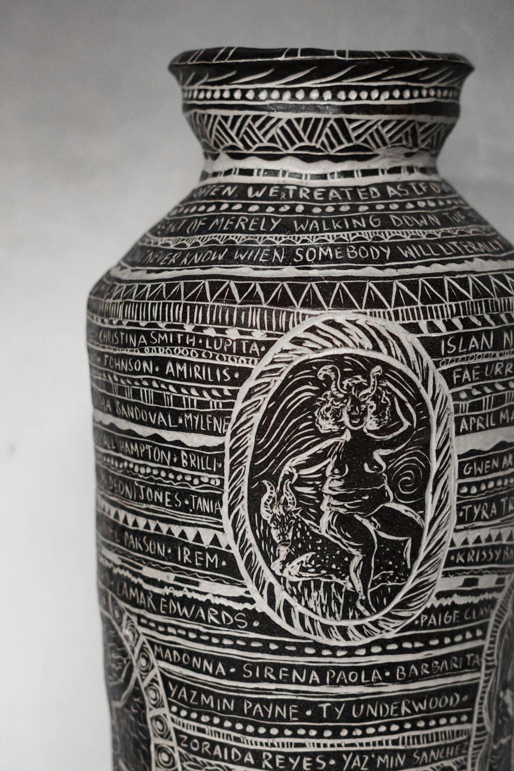 Tribute to Astarte and Her Spirit of Tenacity. Large Carved Porcelain Vase - Black Figurative Sculpture by Alex Hodge