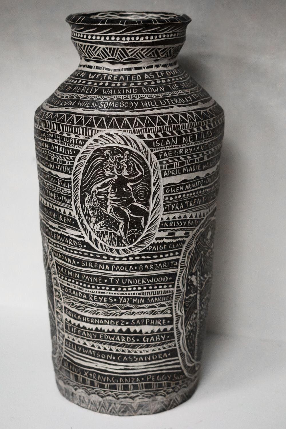 Tribute to Astarte and Her Spirit of Tenacity. Large Carved Porcelain Vase - Sculpture by Alex Hodge