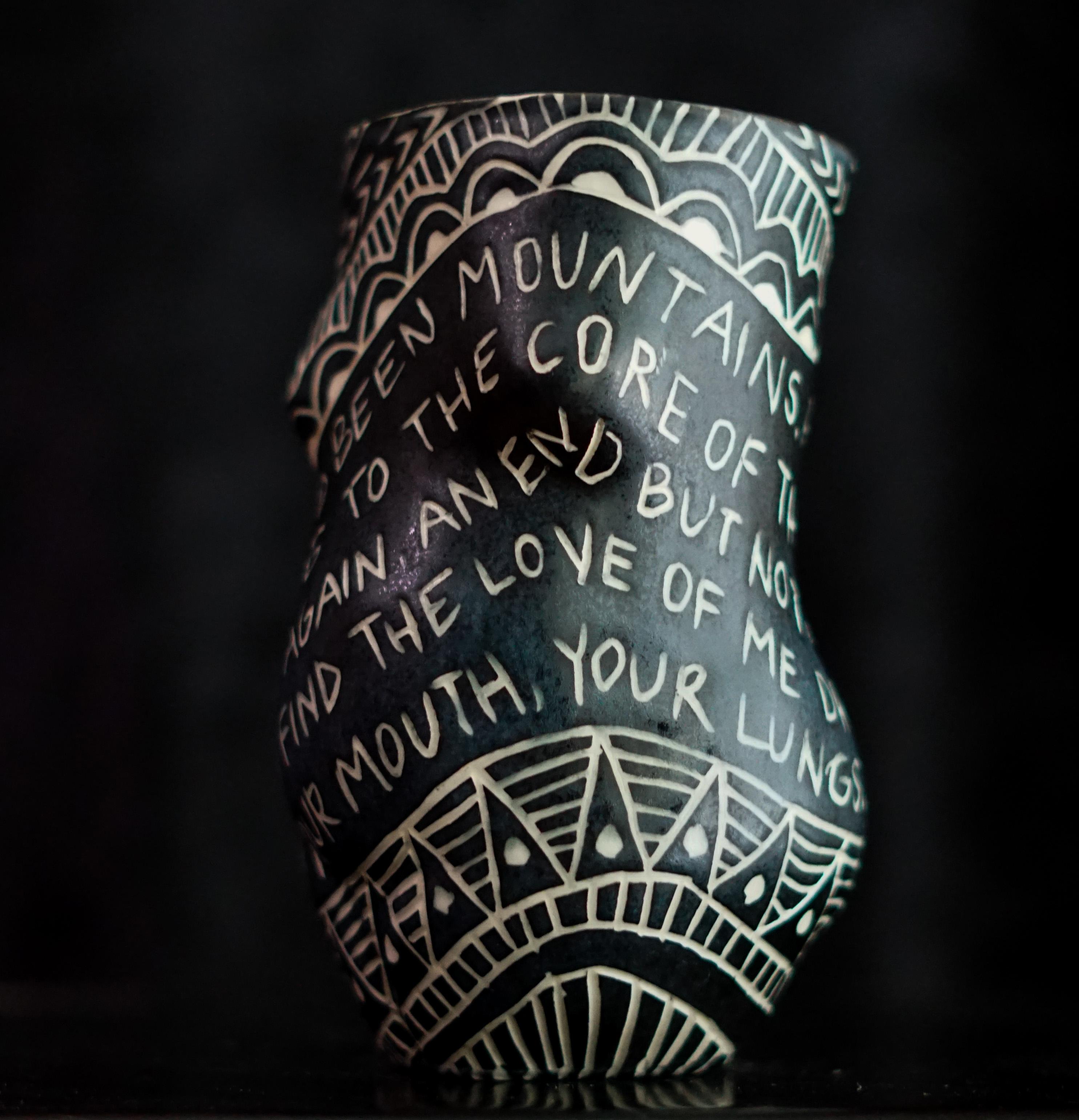 “We had been Mountains...” Porcelain cup with sgraffito detailing - Sculpture by Alex Hodge