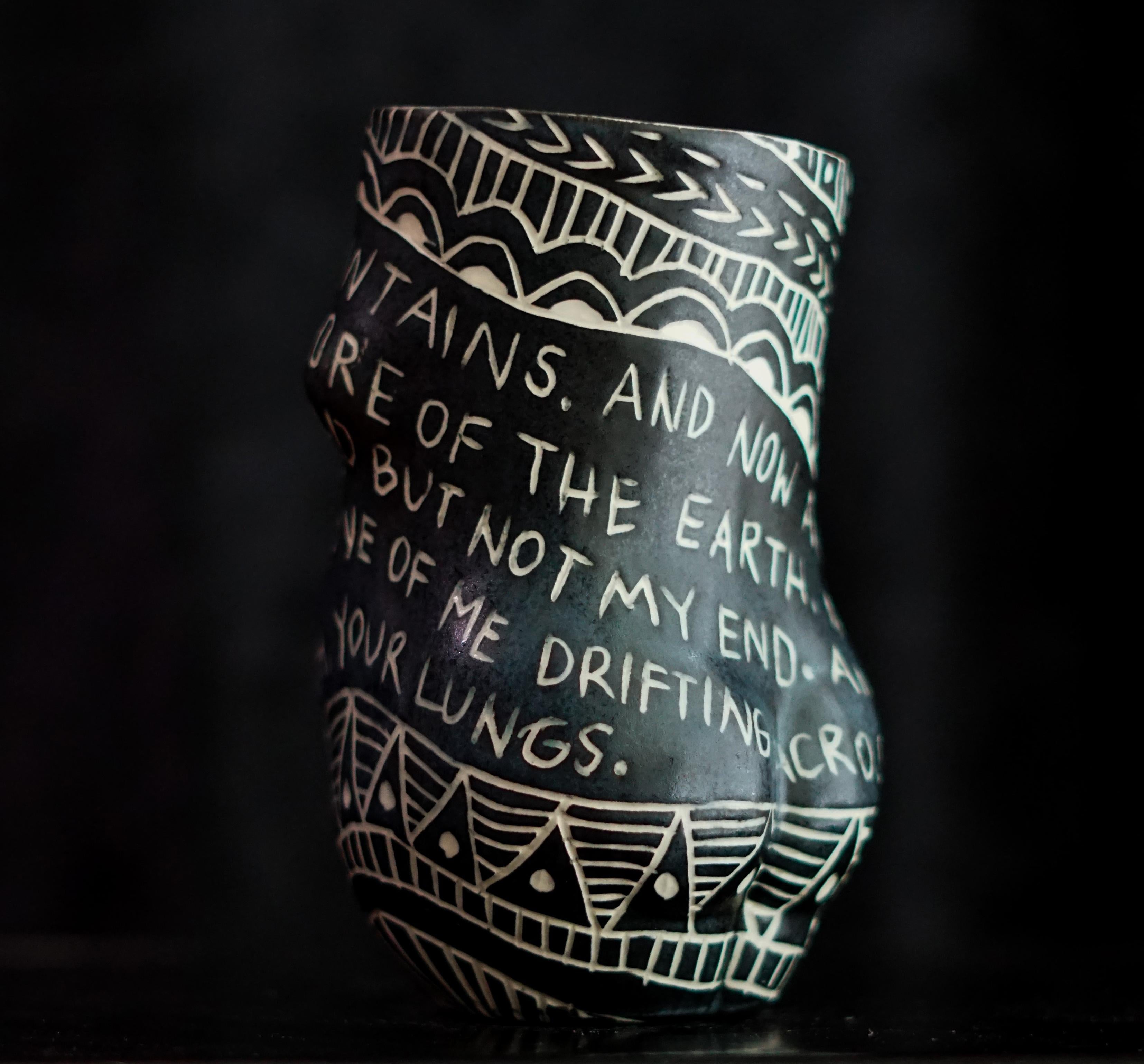 “We had been Mountains...” Porcelain cup with sgraffito detailing - Modern Sculpture by Alex Hodge