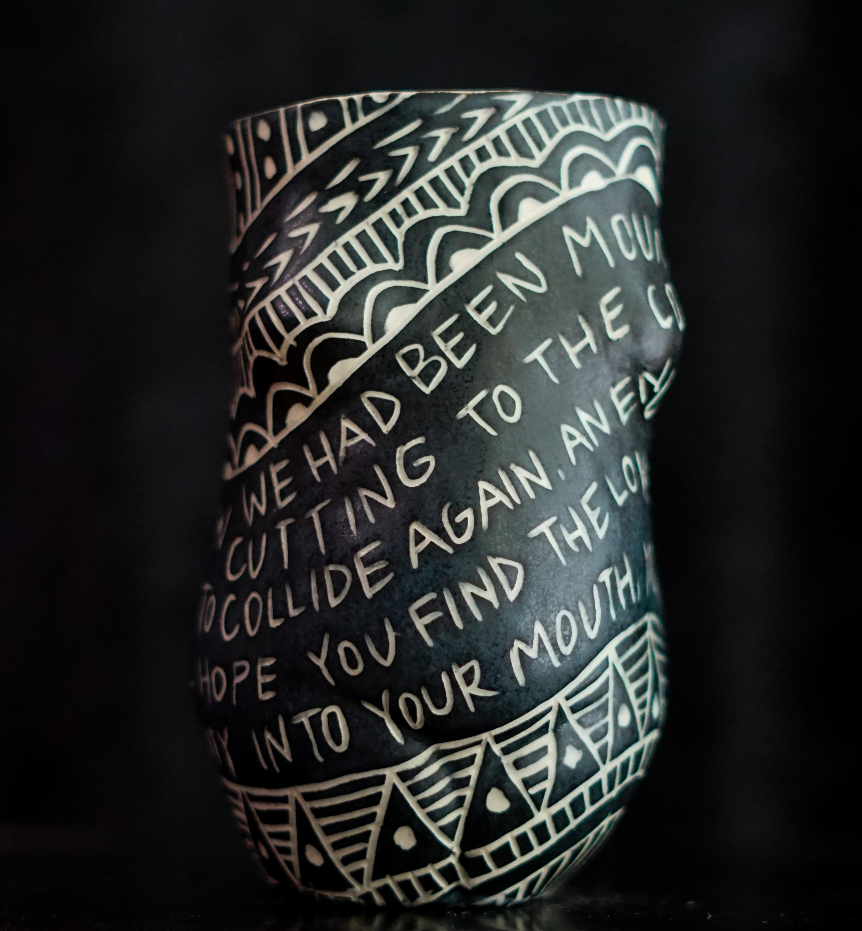 Alex Hodge Abstract Sculpture - “We had been Mountains...” Porcelain cup with sgraffito detailing