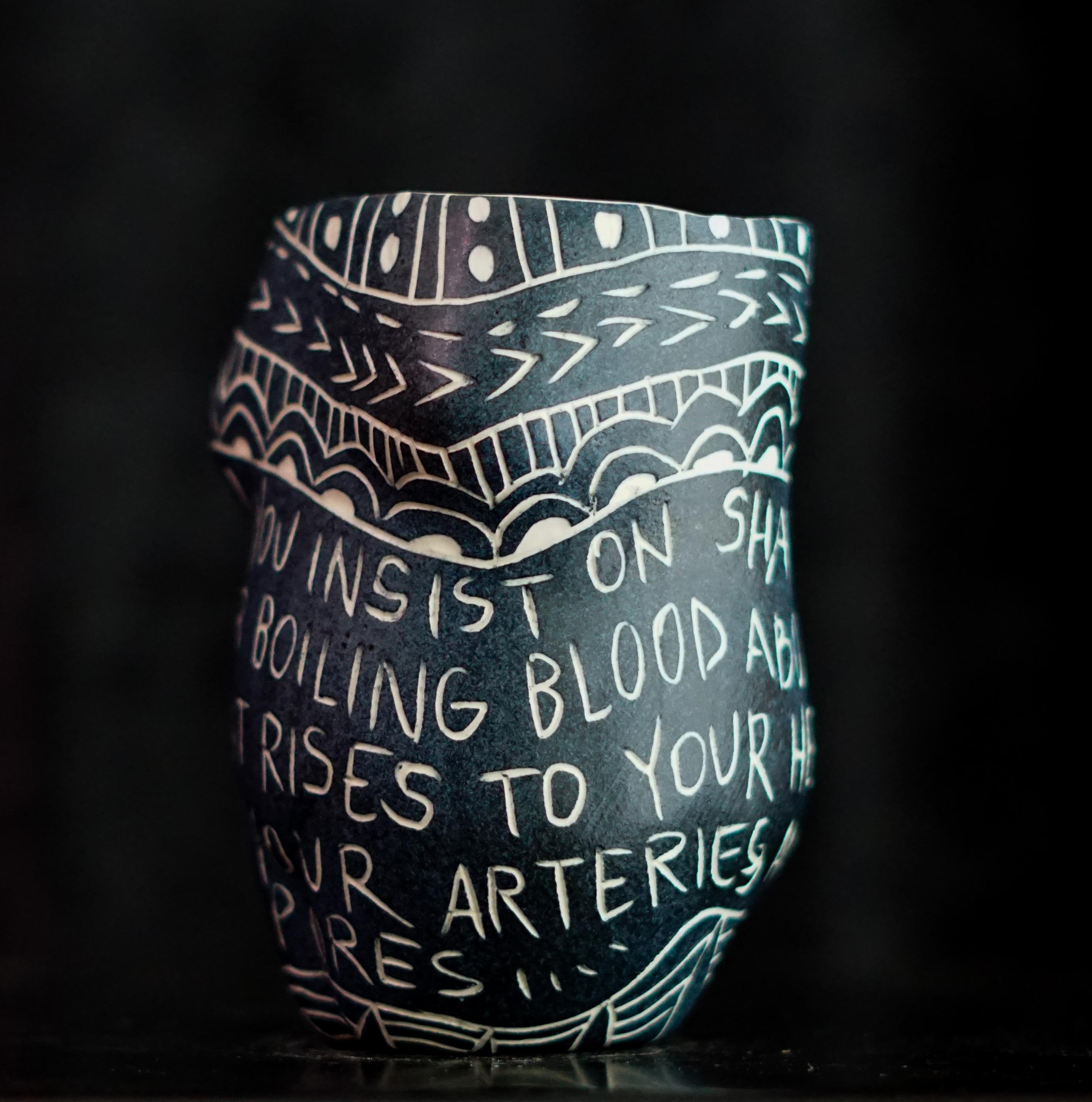 “Why Do You Insist on Shattering...” Porcelain cup with sgraffito detailing - Sculpture by Alex Hodge