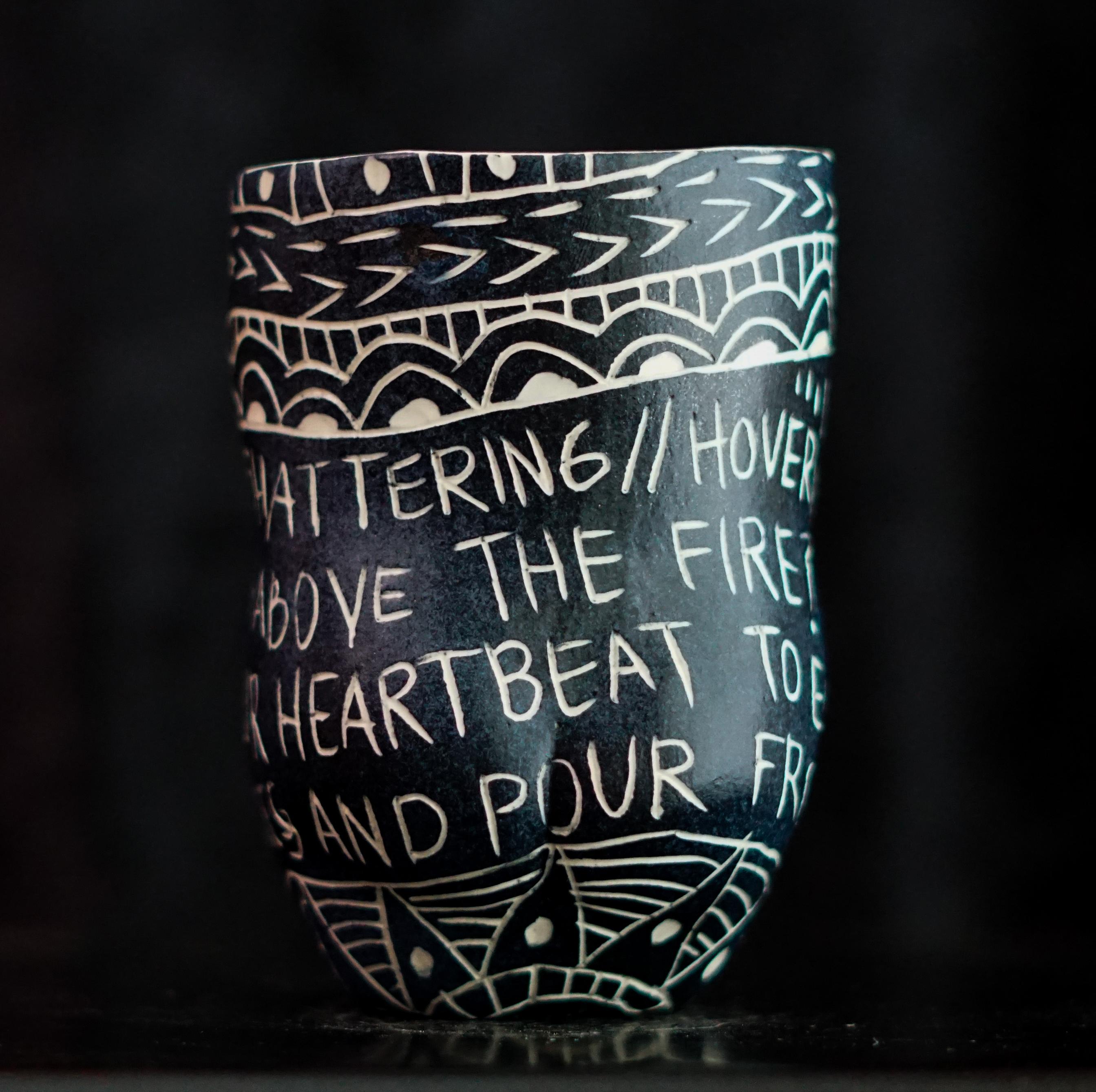 “Why Do You Insist on Shattering...” Porcelain cup with sgraffito detailing - Modern Sculpture by Alex Hodge