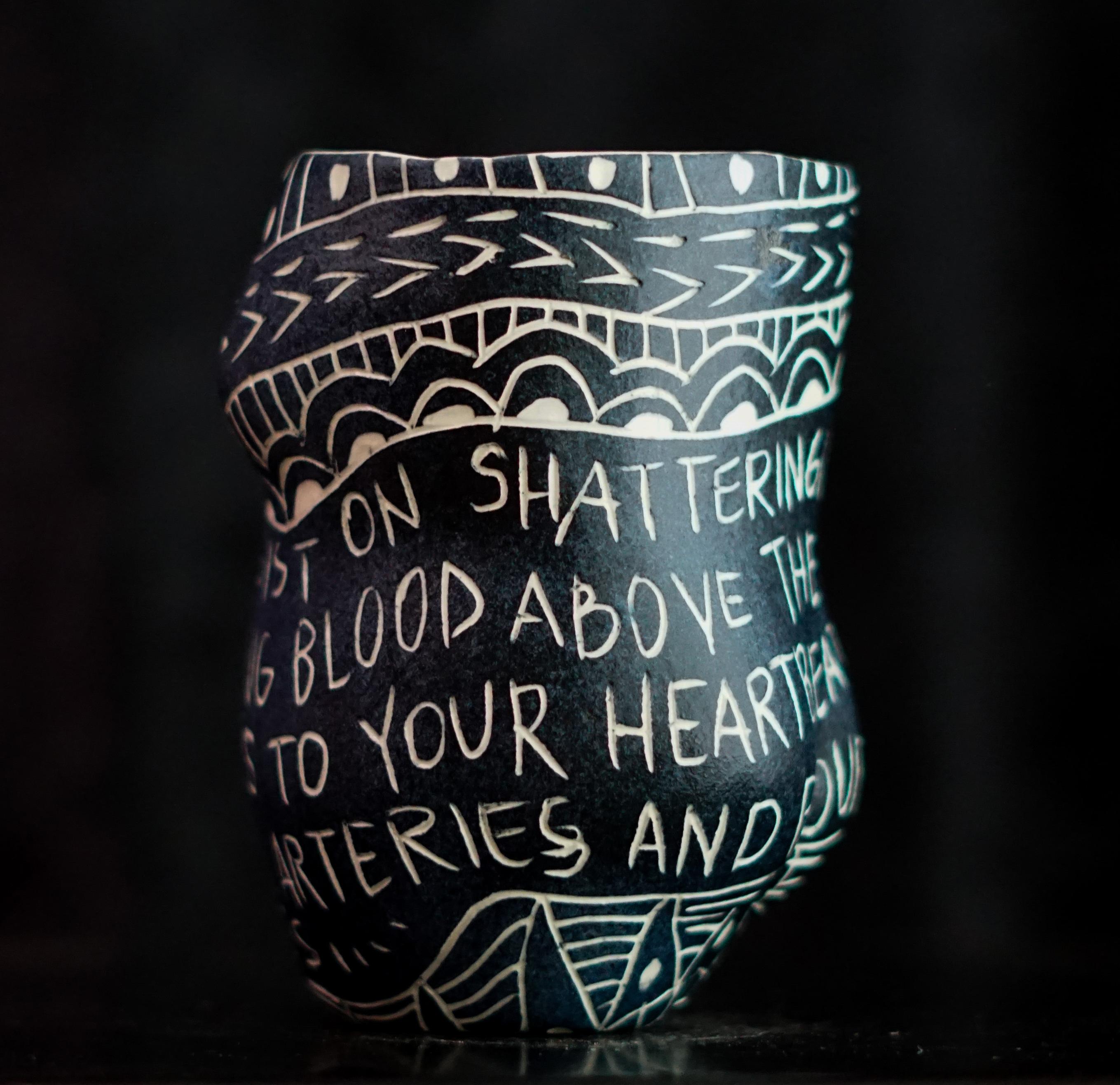 “Why Do You Insist on Shattering...” Porcelain cup with sgraffito detailing For Sale 3