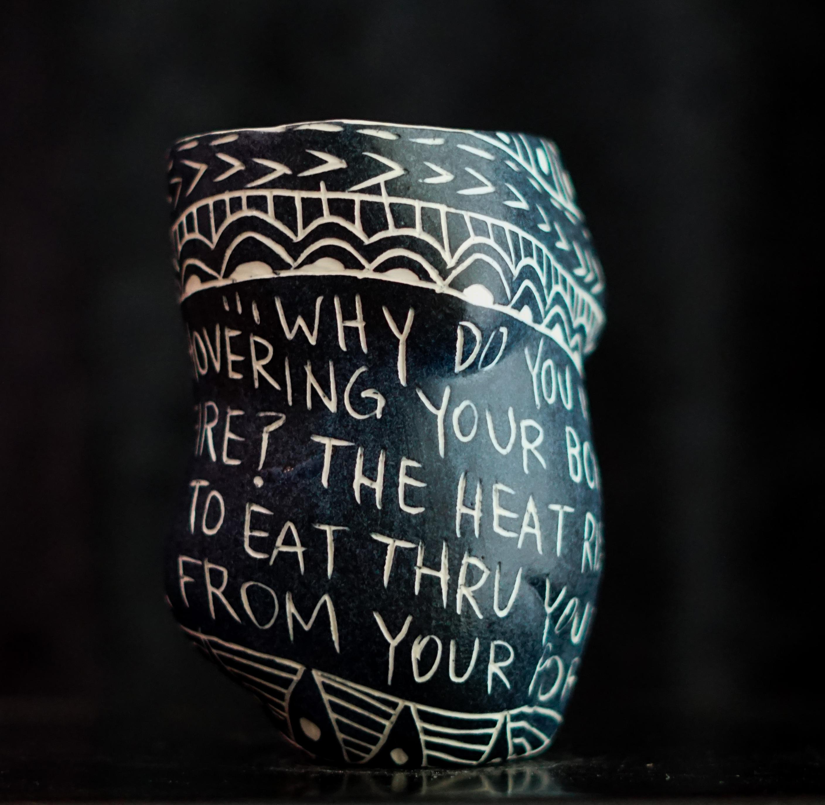 “Why Do You Insist on Shattering...” Porcelain cup with sgraffito detailing For Sale 4