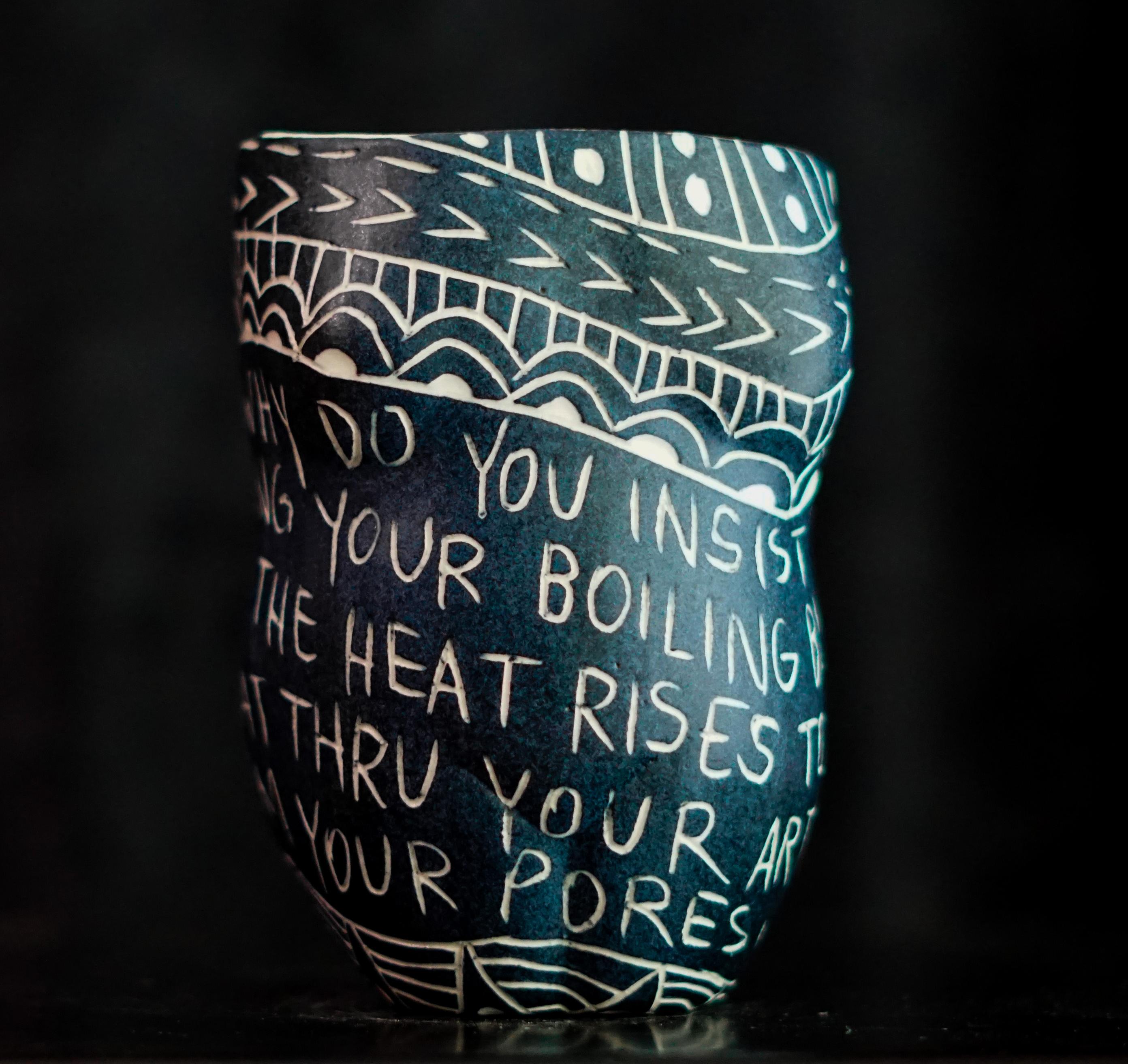 Alex Hodge Abstract Sculpture - “Why Do You Insist on Shattering...” Porcelain cup with sgraffito detailing