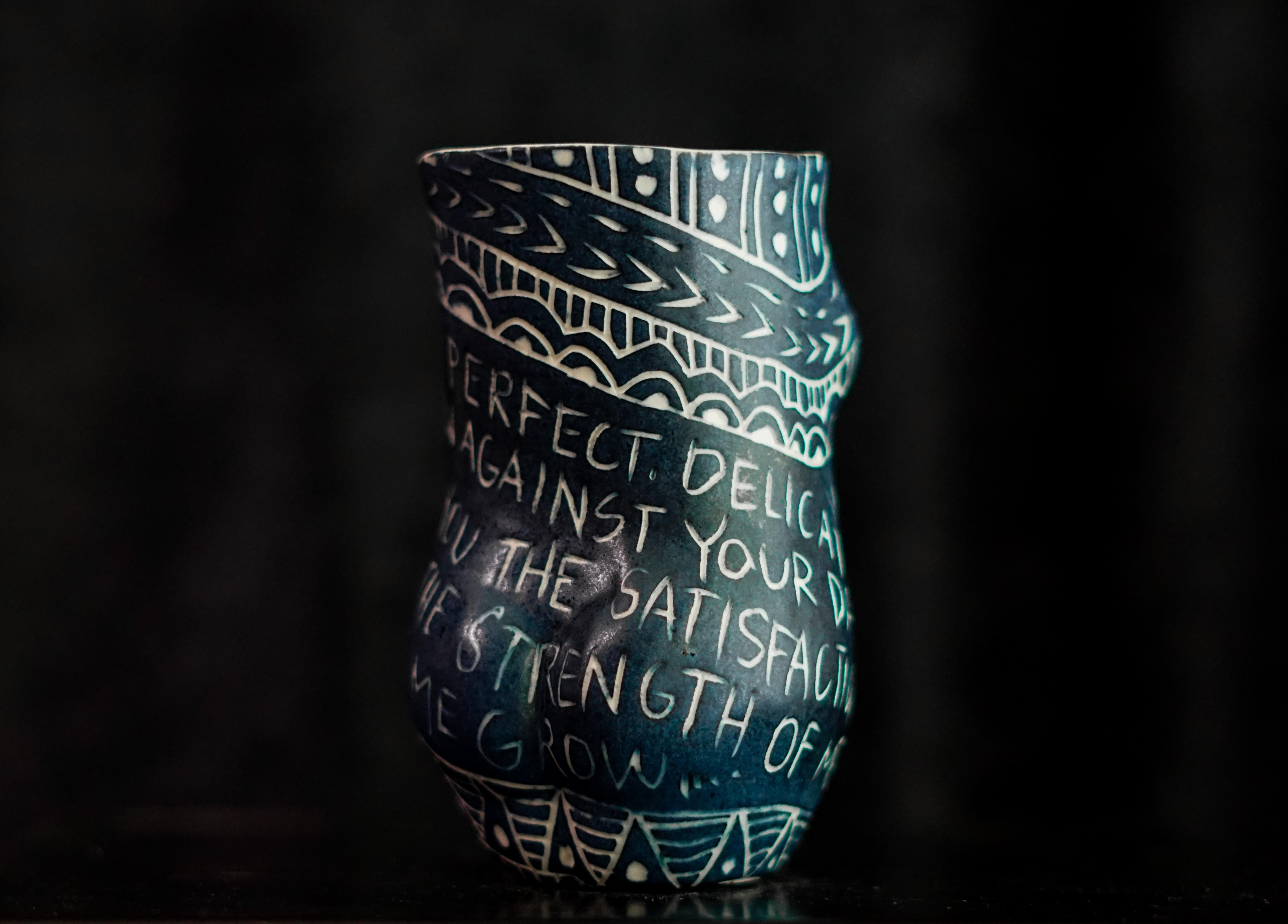 “You Wanted Something...” Porcelain cup with sgraffito detailing by the artist - Modern Sculpture by Alex Hodge