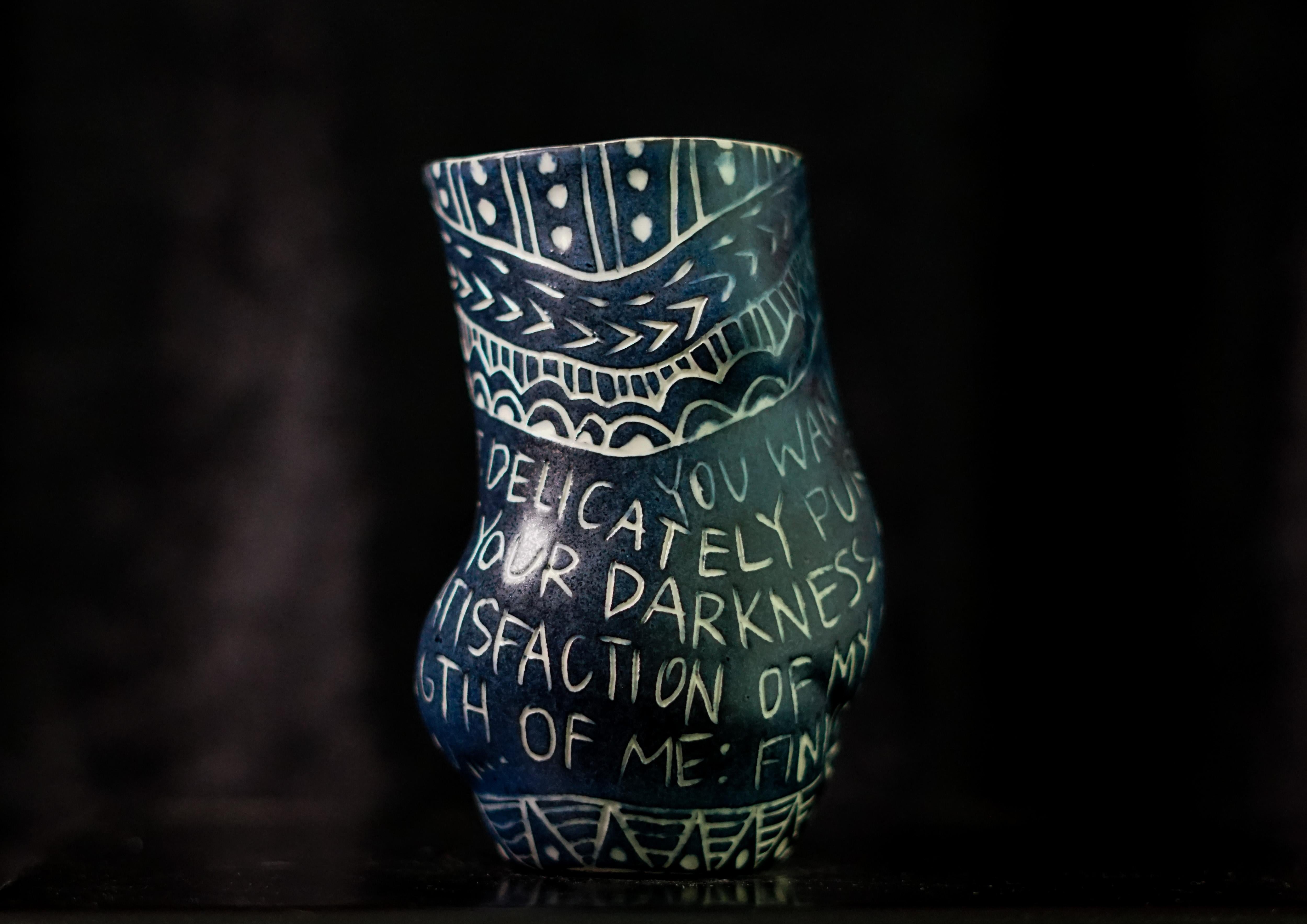 “You Wanted Something...” Porcelain cup with sgraffito detailing by the artist For Sale 5