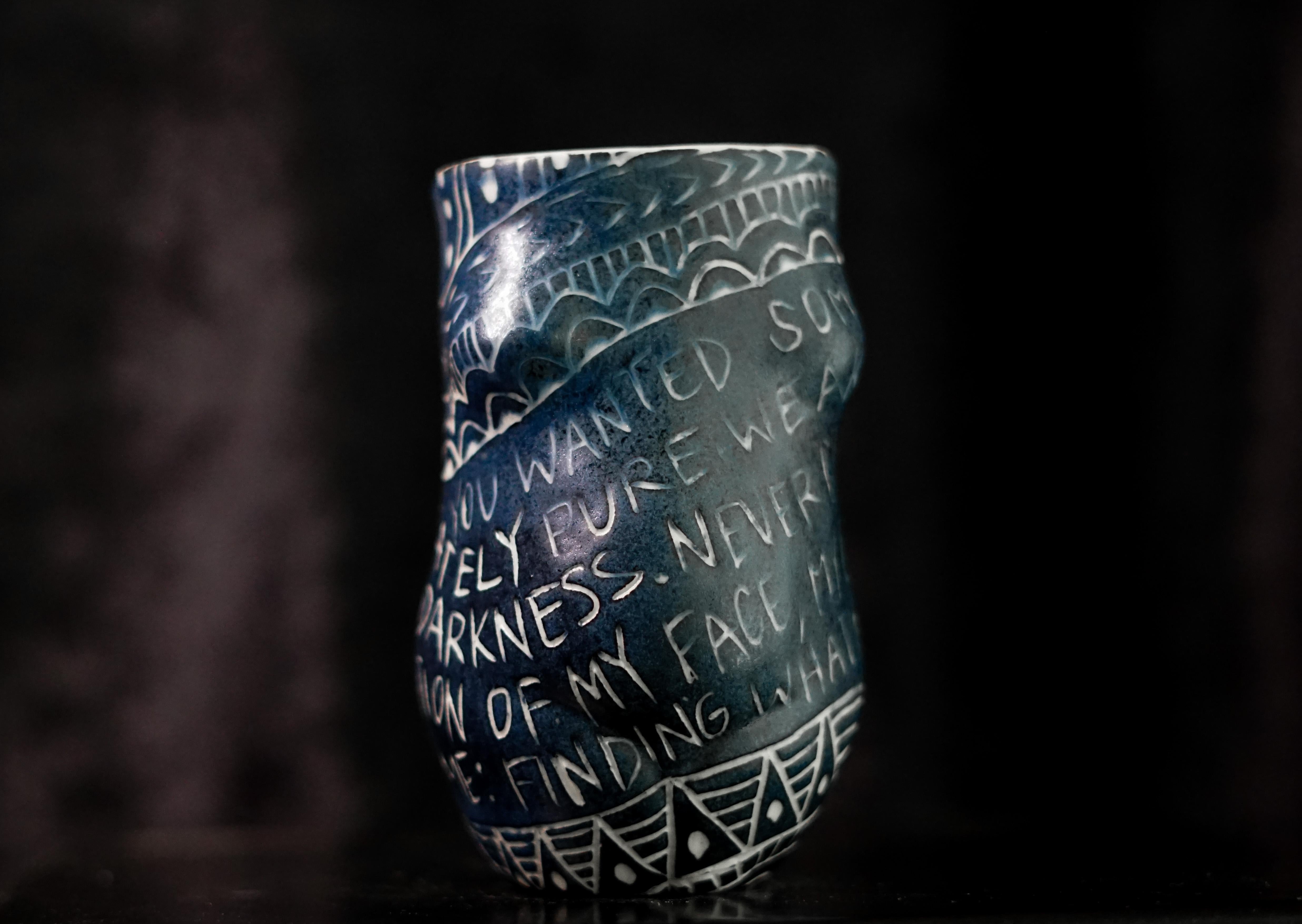 “You Wanted Something...” Porcelain cup with sgraffito detailing by the artist - Sculpture by Alex Hodge