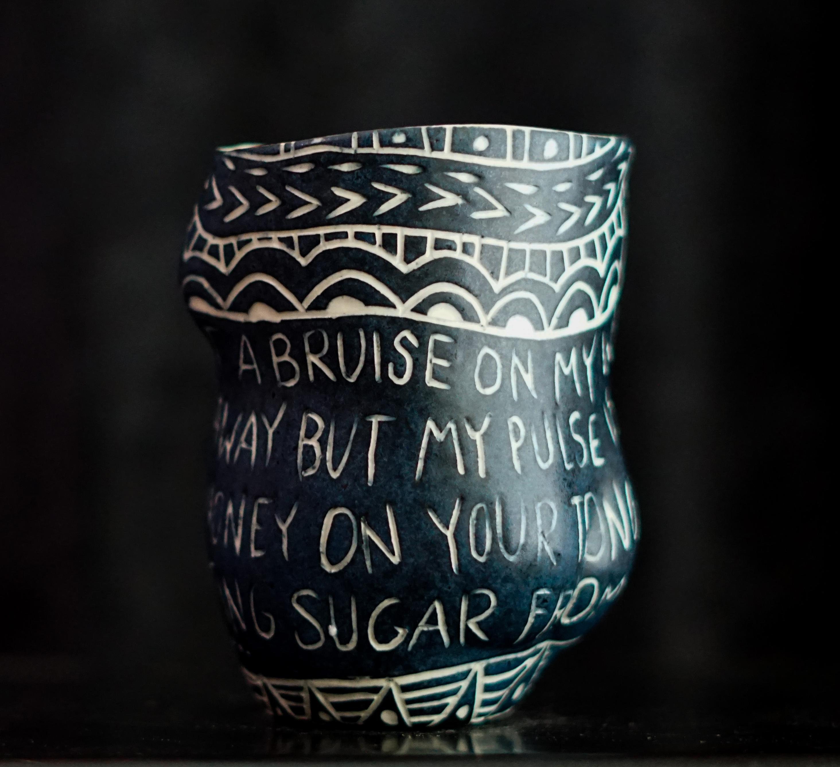 “Your Lipstick Left a Bruise..” Porcelain cup with sgraffito detailing - Modern Sculpture by Alex Hodge