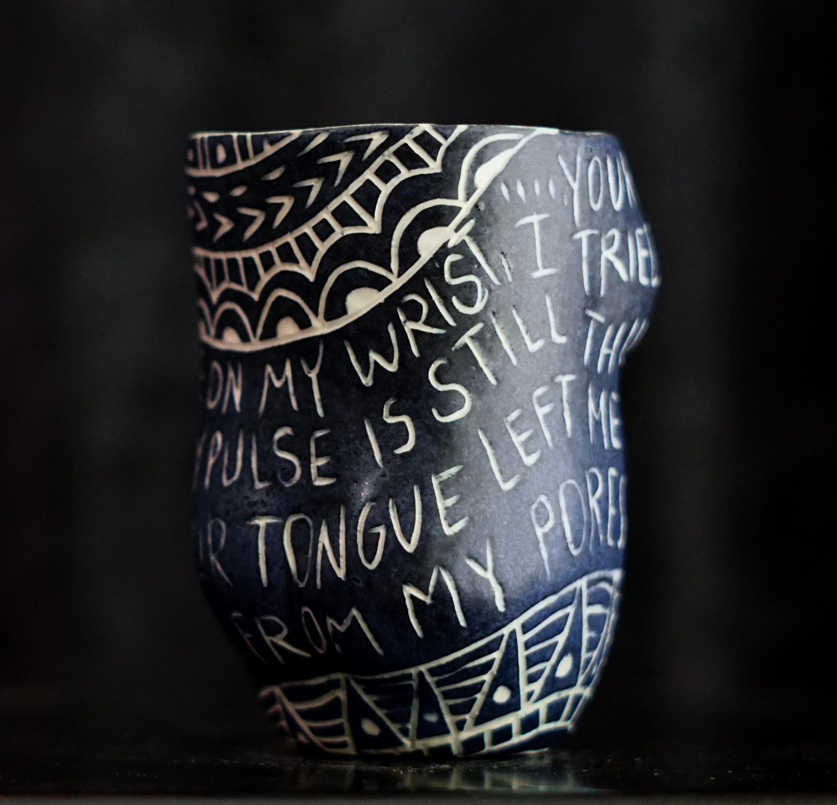 “Your Lipstick Left a Bruise..” Porcelain cup with sgraffito detailing For Sale 1