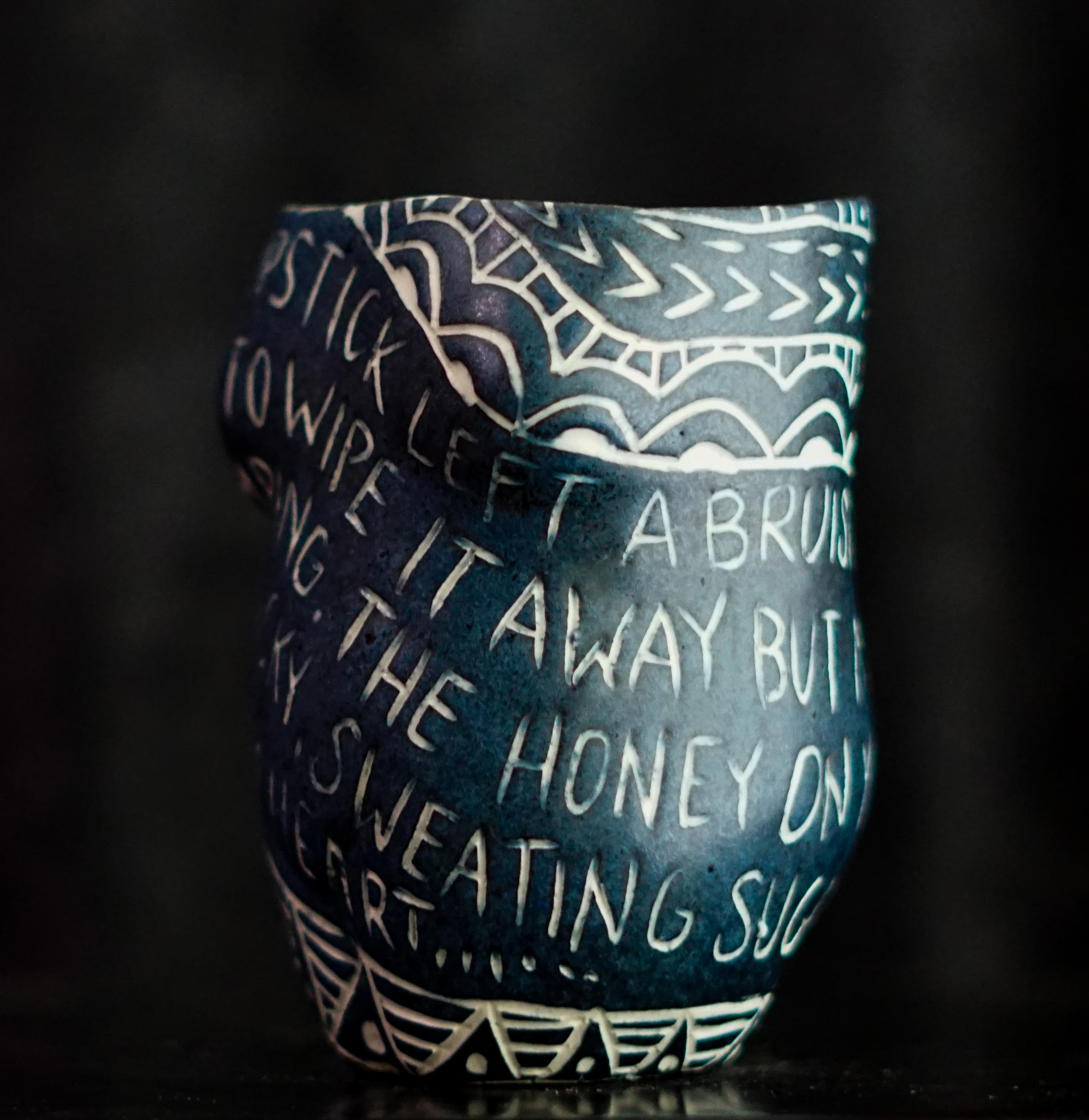“Your Lipstick Left a Bruise..” Porcelain cup with sgraffito detailing For Sale 3