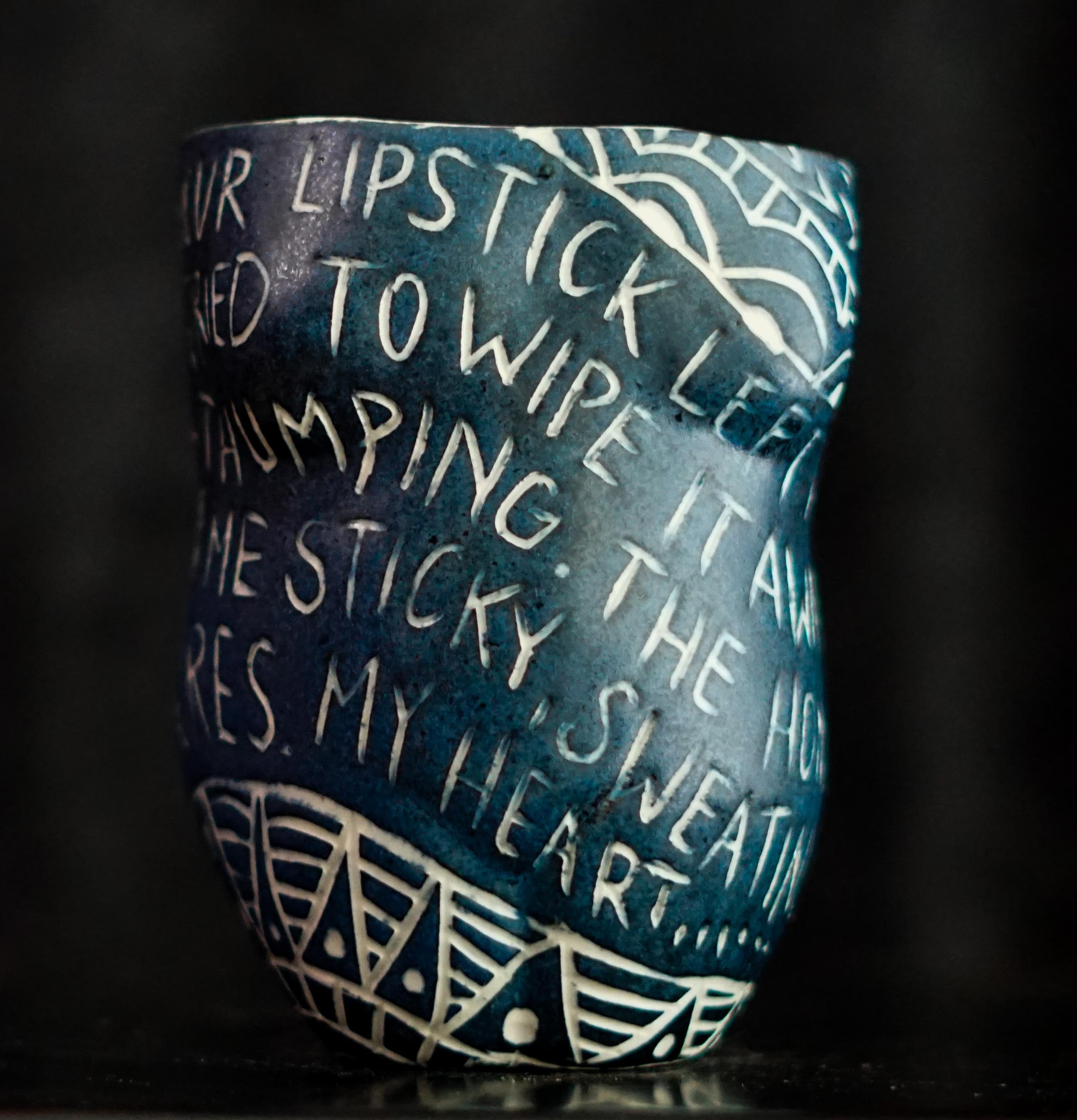 Alex Hodge Abstract Sculpture - “Your Lipstick Left a Bruise..” Porcelain cup with sgraffito detailing