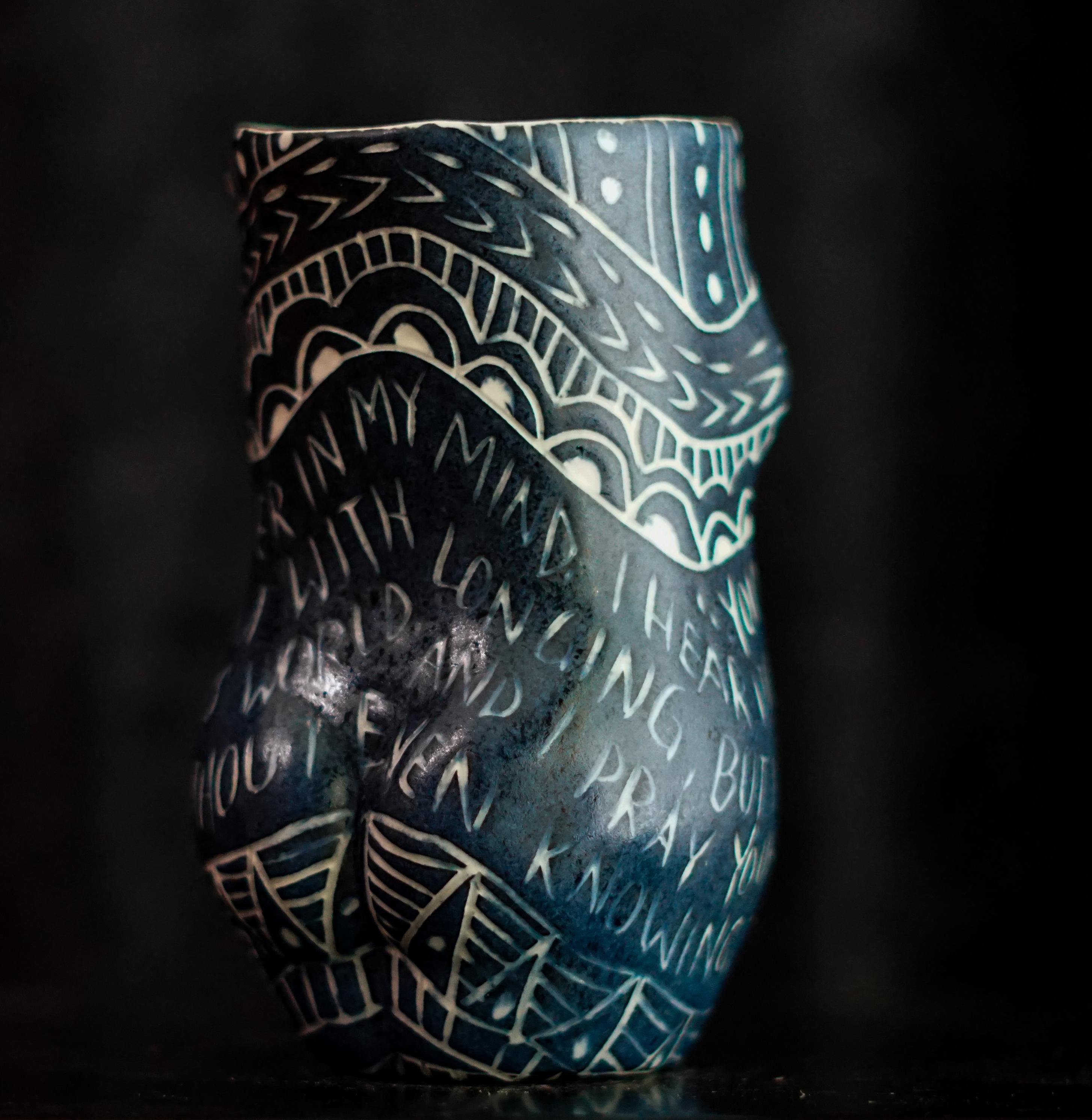 “Your Name Plays...” Porcelain cup with sgraffito detailing - Sculpture by Alex Hodge