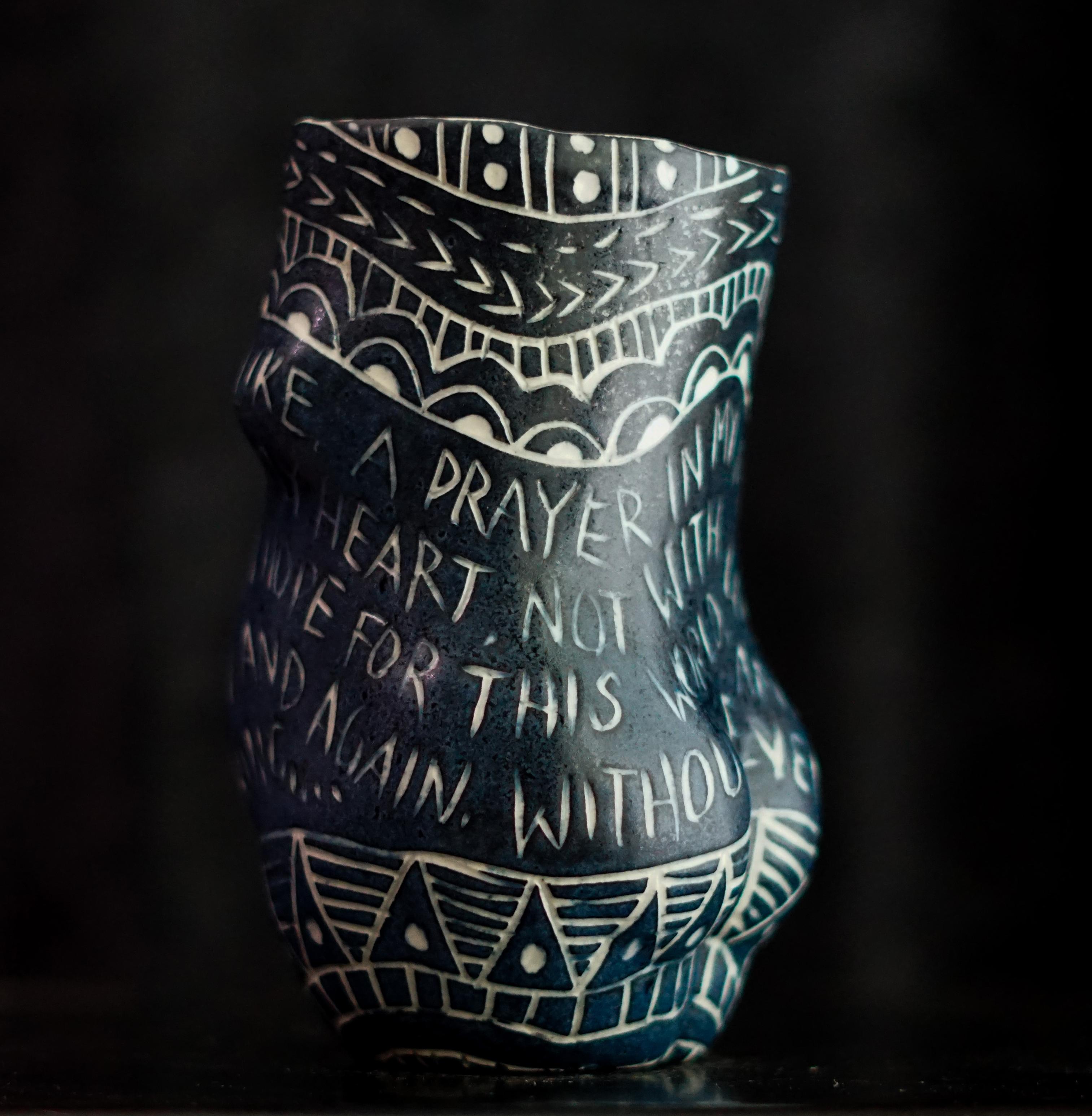 “Your Name Plays...” Porcelain cup with sgraffito detailing For Sale 1