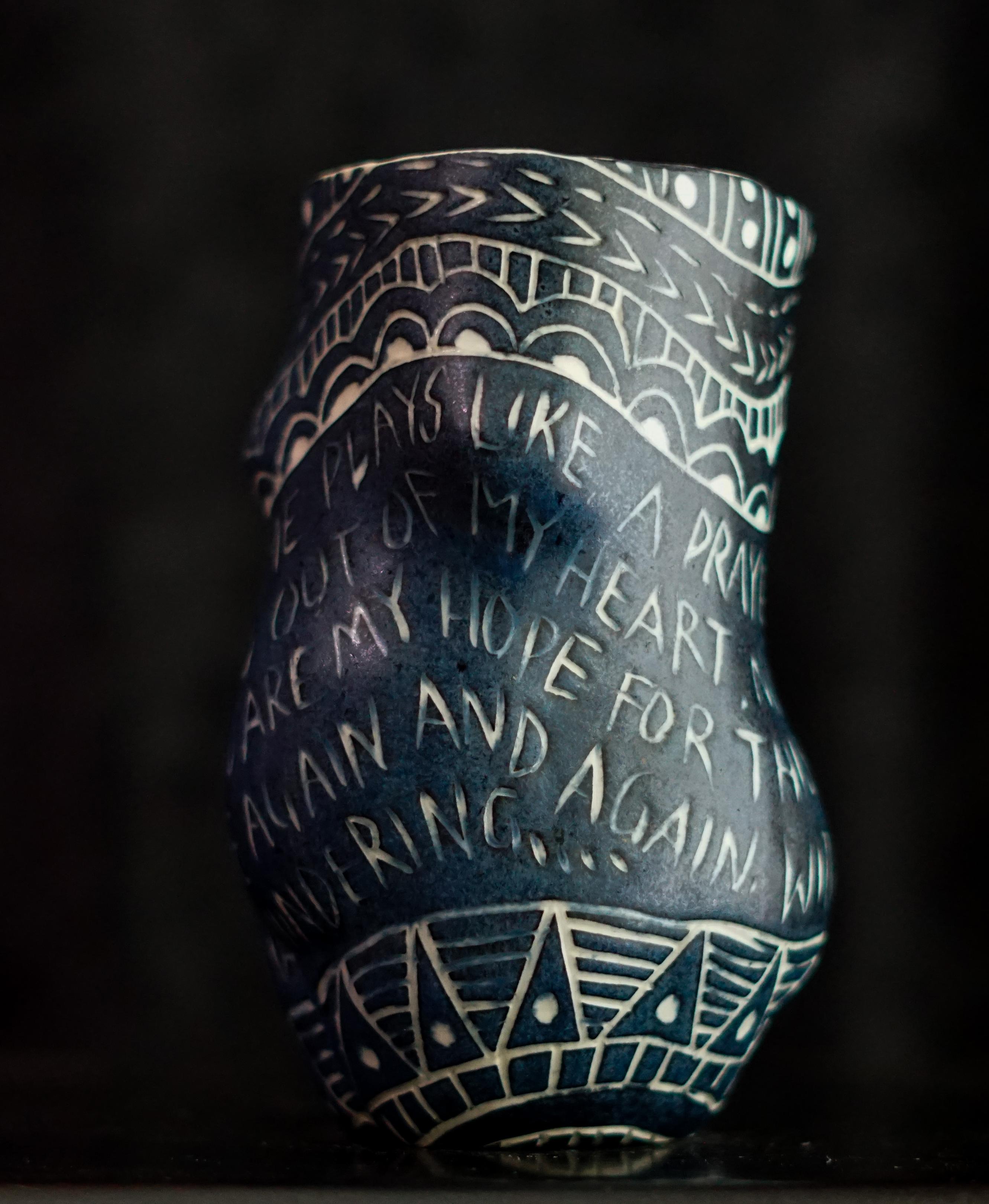 “Your Name Plays...” Porcelain cup with sgraffito detailing For Sale 2