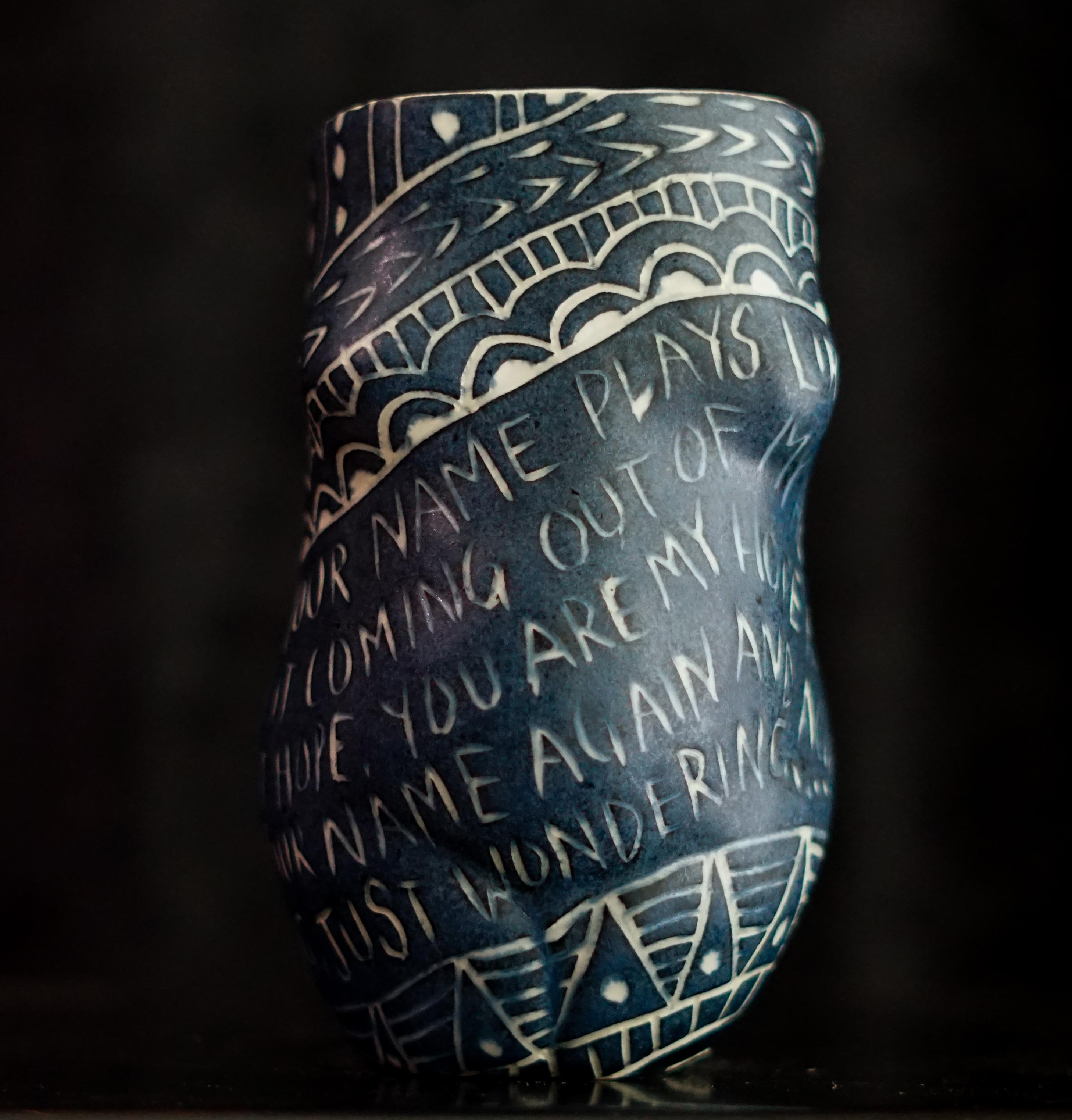 Alex Hodge Abstract Sculpture - “Your Name Plays...” Porcelain cup with sgraffito detailing