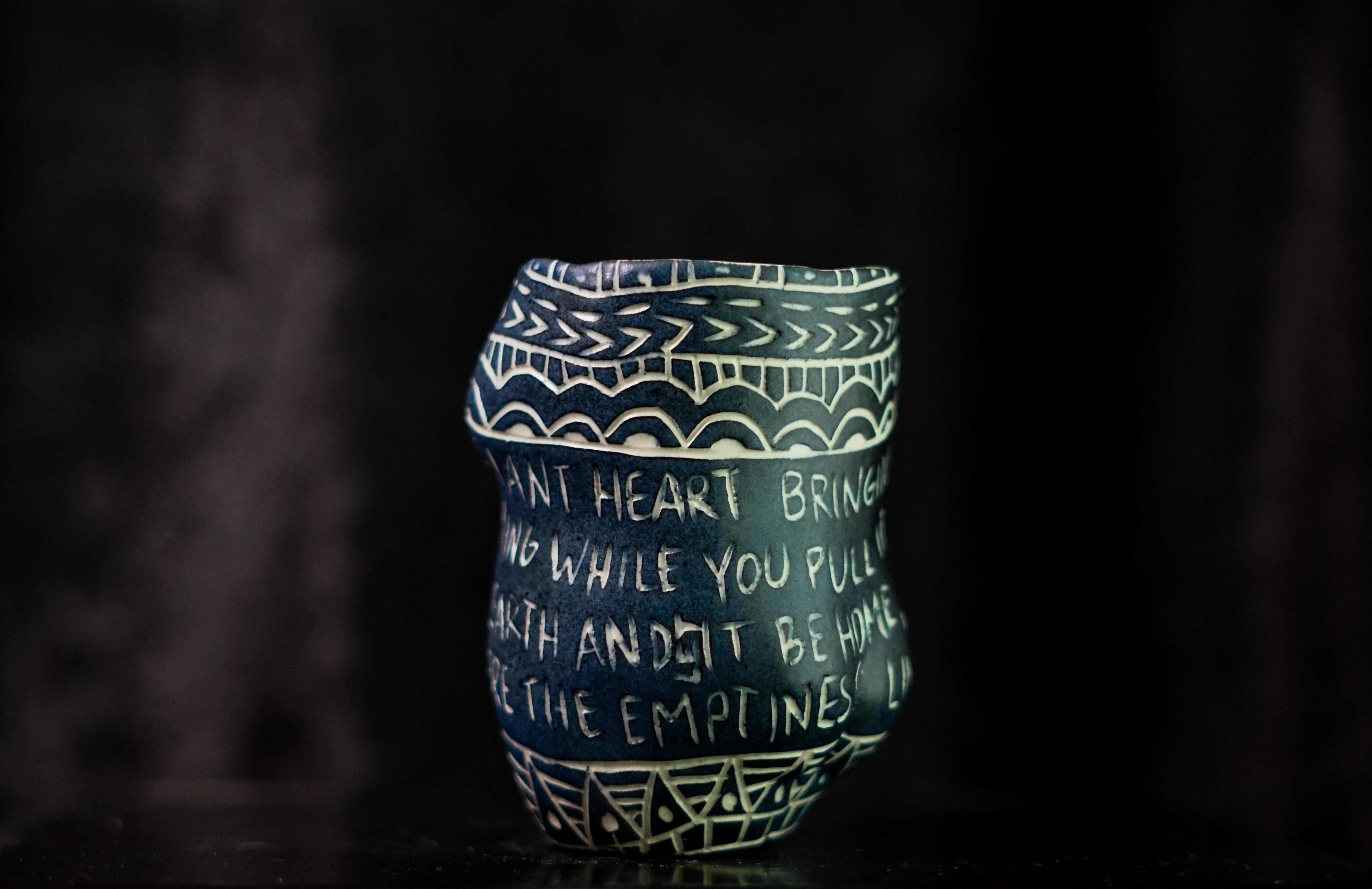 “Your Pulsing Giant Heart...” Porcelain cup with sgraffito detailing  - Sculpture by Alex Hodge