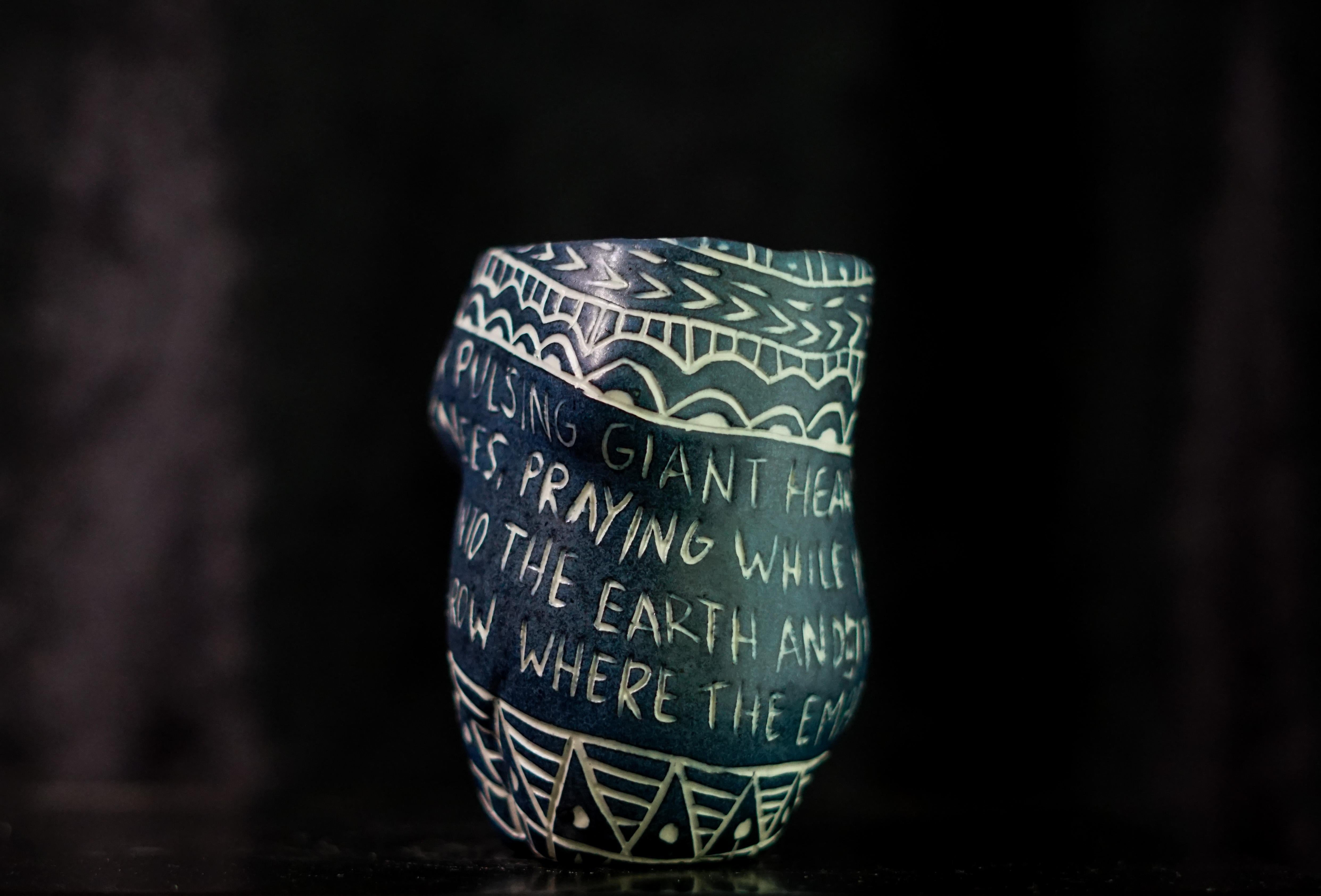“Your Pulsing Giant Heart...” Porcelain cup with sgraffito detailing  - Modern Sculpture by Alex Hodge