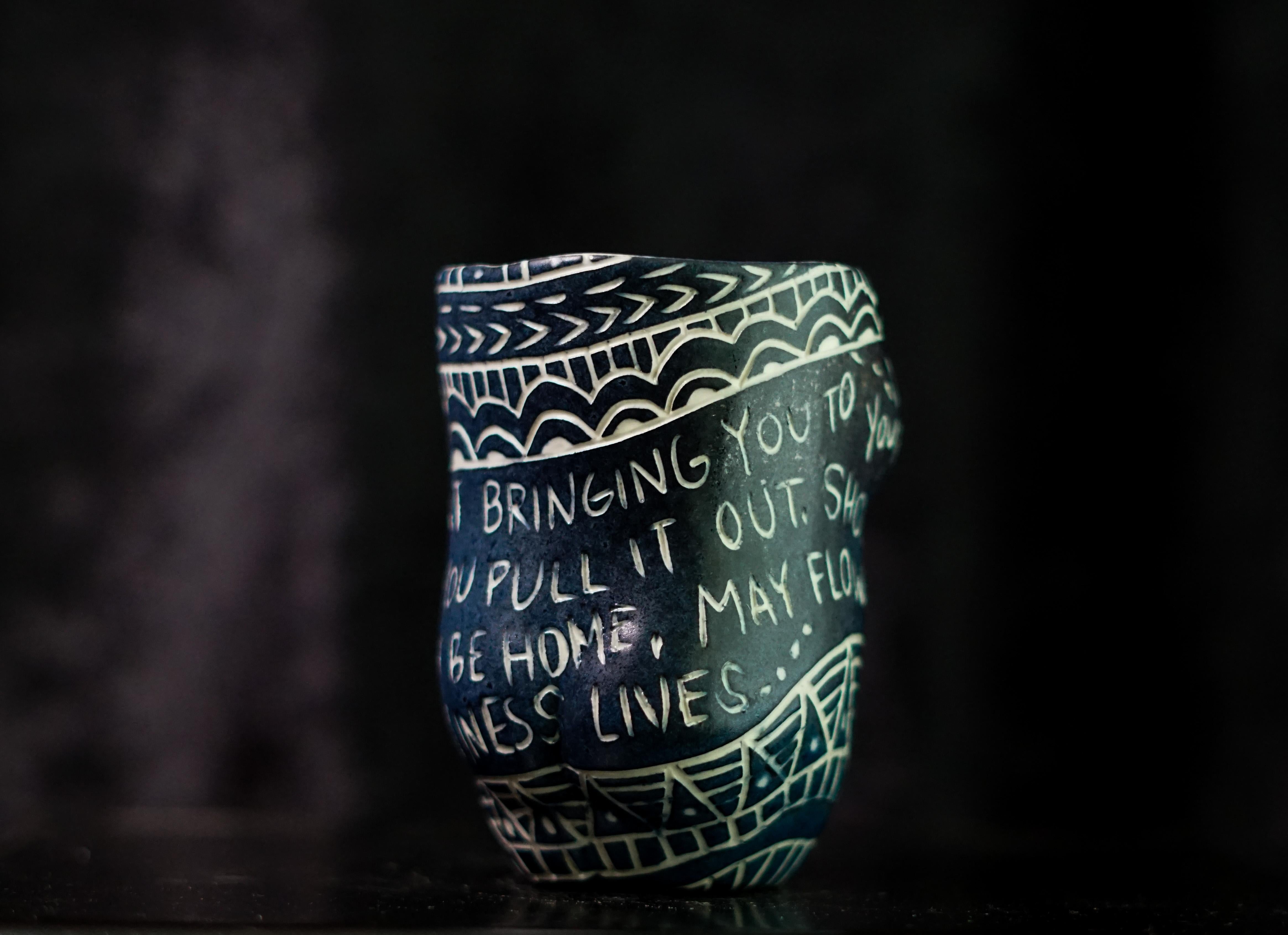 “Your Pulsing Giant Heart...” Porcelain cup with sgraffito detailing  For Sale 3