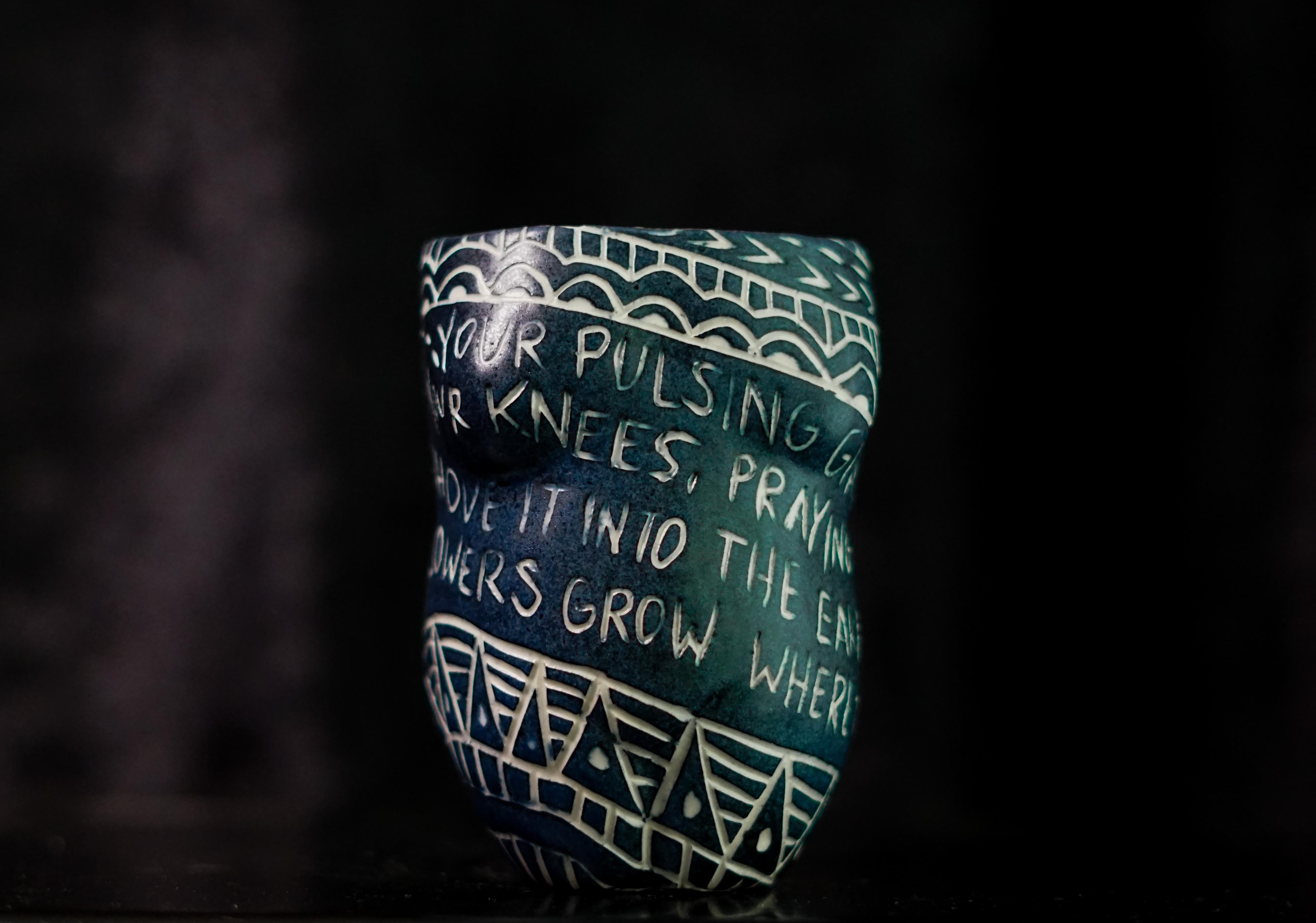 Alex Hodge Abstract Sculpture - “Your Pulsing Giant Heart...” Porcelain cup with sgraffito detailing 