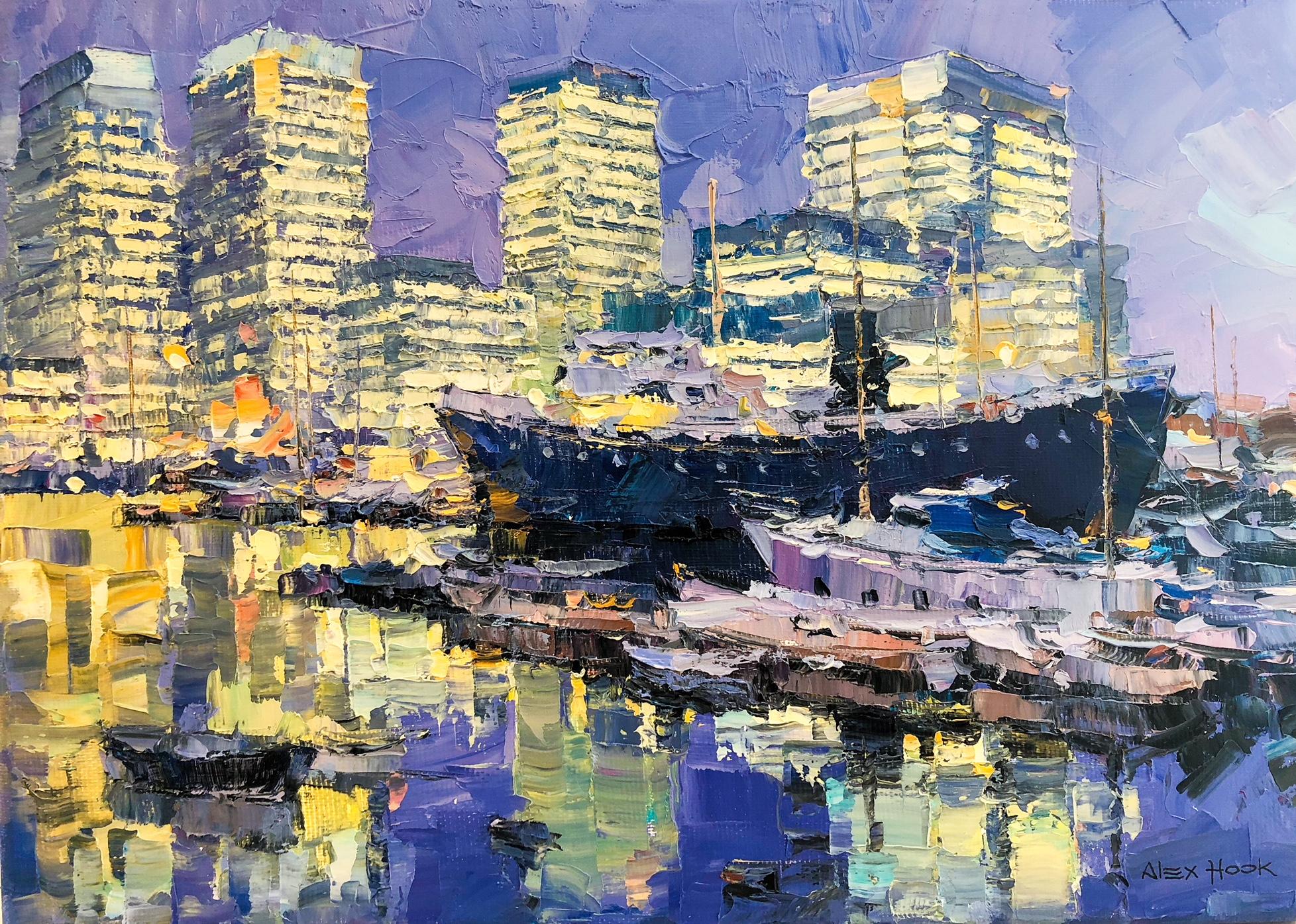 Alex Hook Krioutchkov Abstract Painting - Canary Wharf - abstract cityscape London urban artwork oil painting contemporary