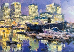 Canary Wharf - pittura ad olio astratta originale del paesaggio urbano di Londra - Arte contemporanea