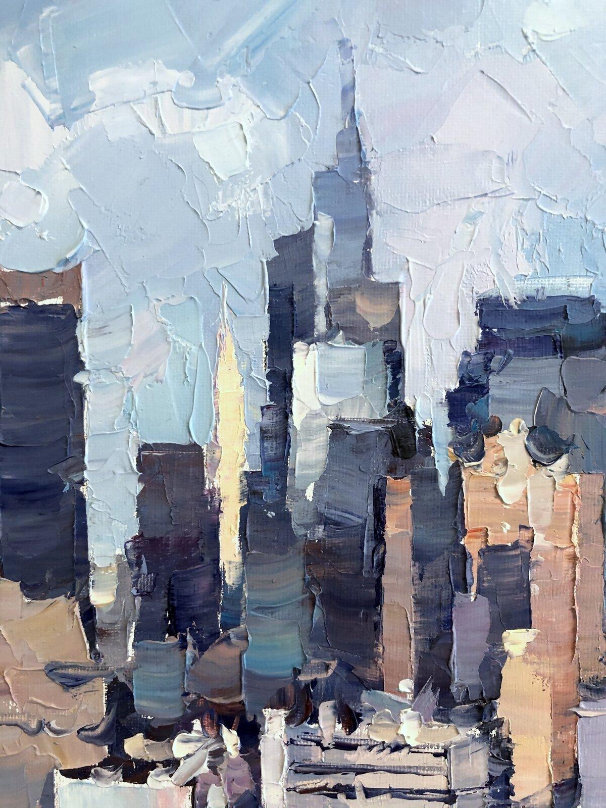 Clear Skies, NYC-Original Abstract cityscape-landscape painting-contemporary Art - Gray Landscape Painting by Alex Hook Krioutchkov