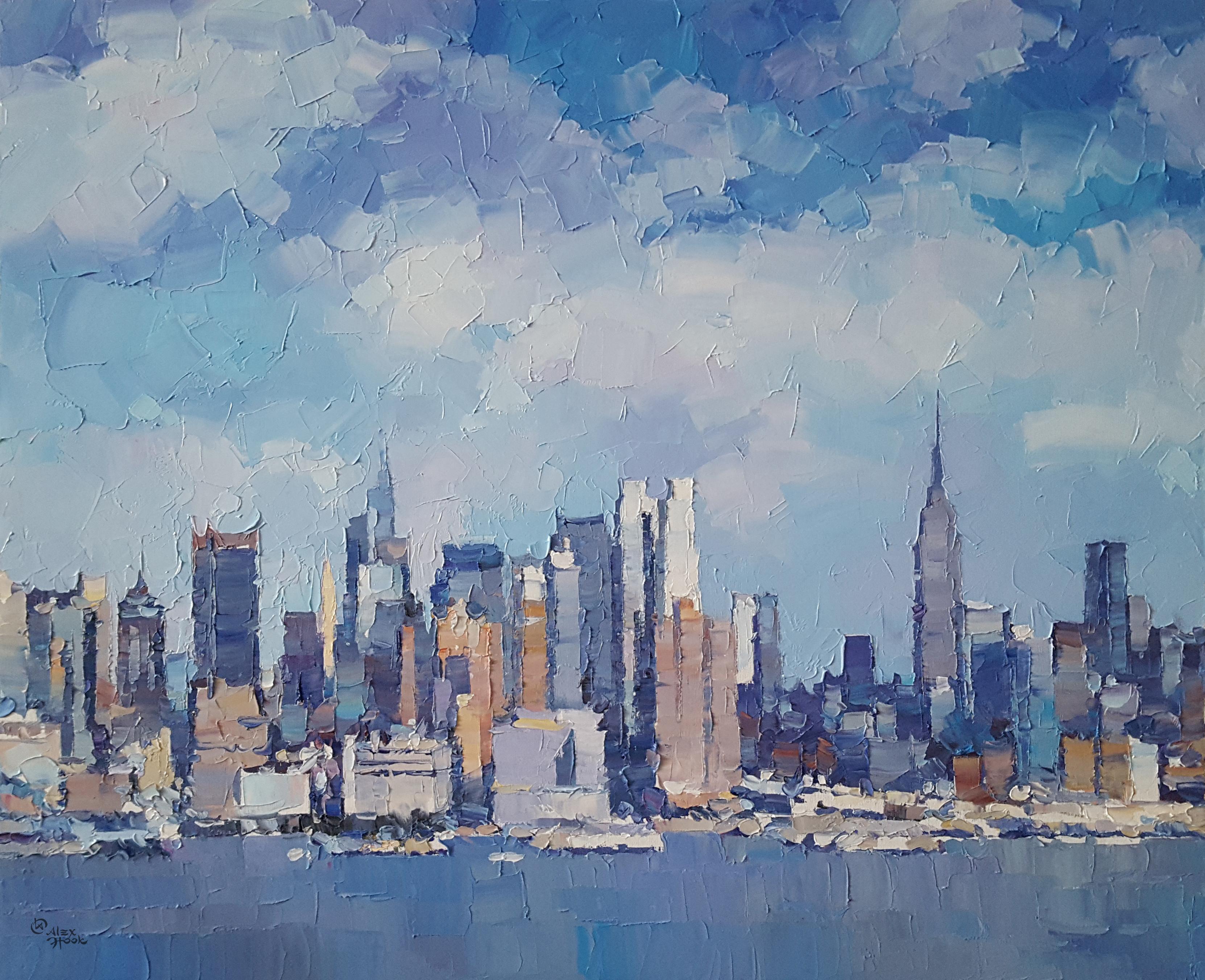 Alex Hook Krioutchkov Landscape Painting - Clear Skies, NYC-Original Abstract cityscape-landscape painting-contemporary Art