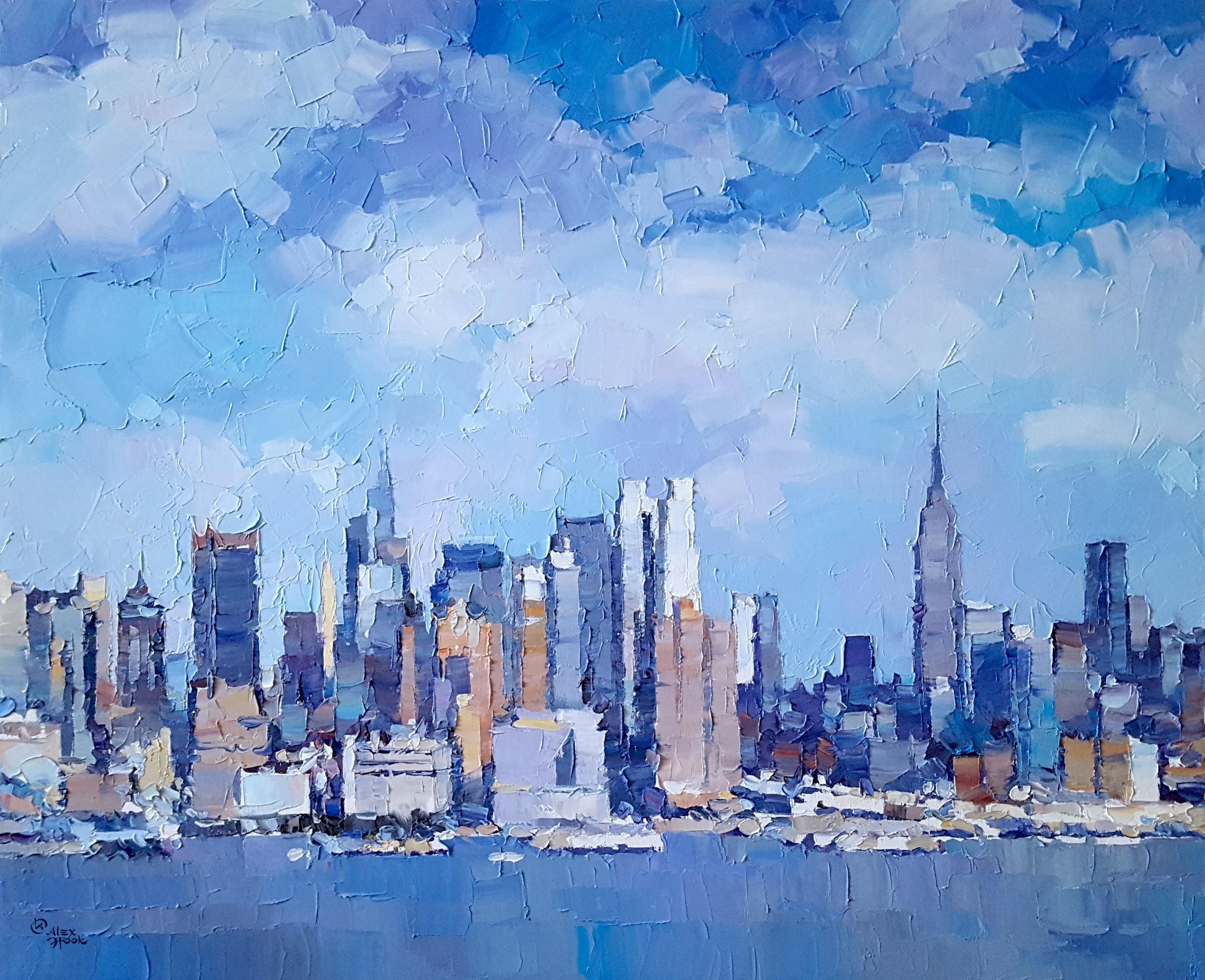 Clear Skies NYC-Original Abstract cityscape-waterscape painting-contemporary Art