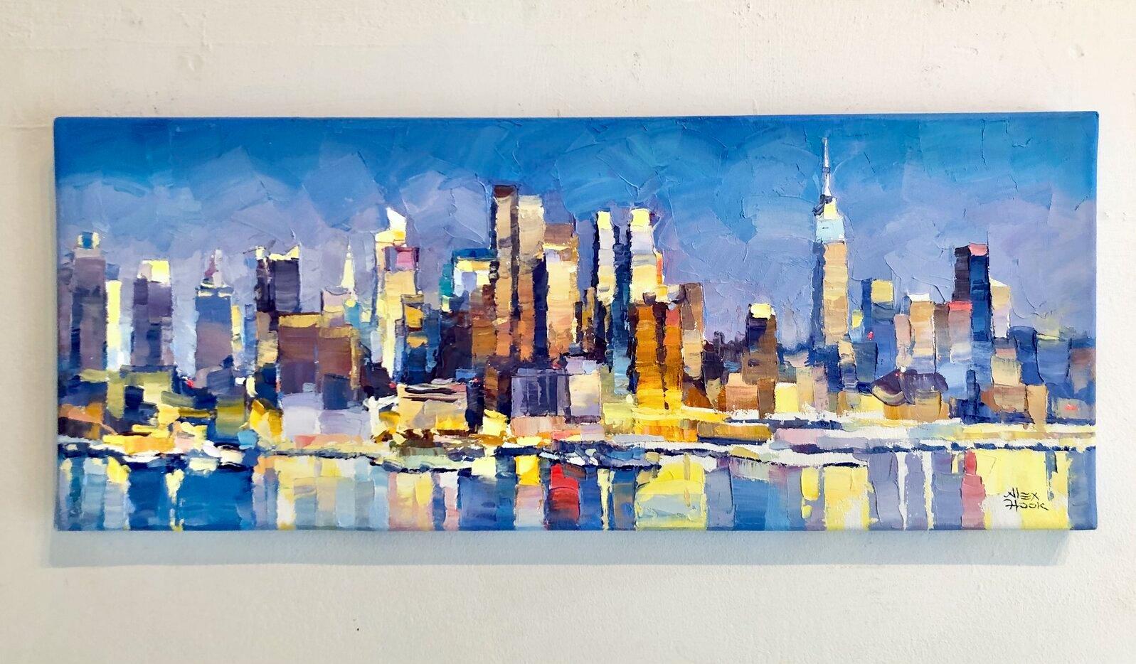 Manhattan Lights, NYC-original abstract cityscape oil painting-contemporary Art - Painting by Alex Hook Krioutchkov