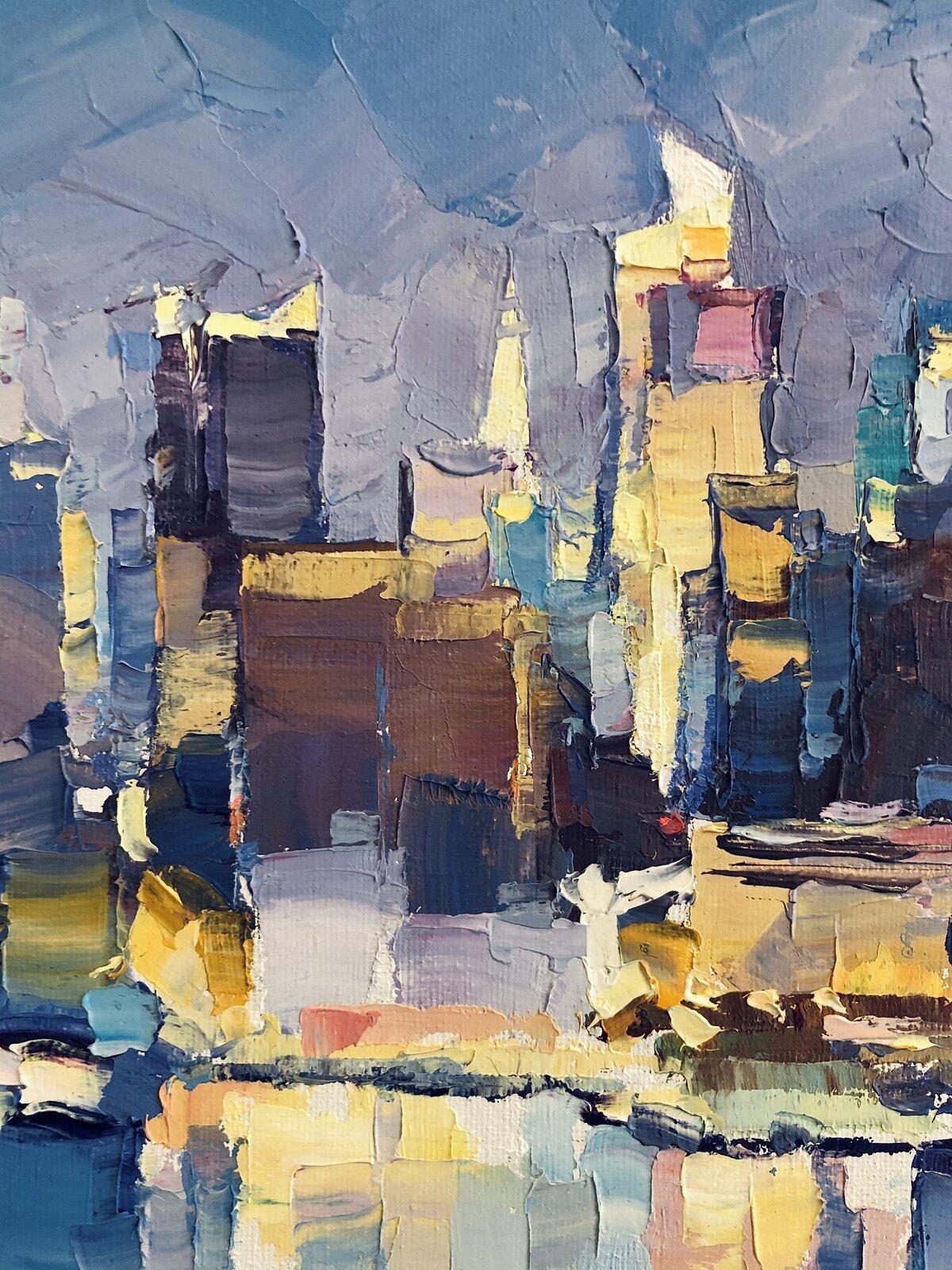 Manhattan Lights, NYC-peinture à l'huile abstraite originale d'un paysage urbain-Art contemporain - Gris Landscape Painting par Alex Hook Krioutchkov