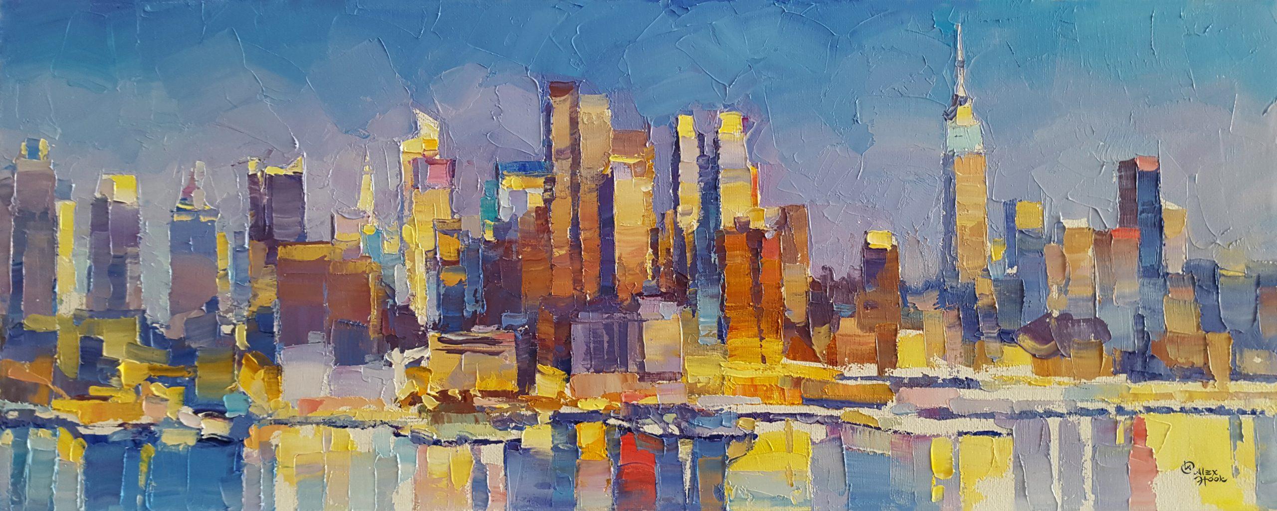 Alex Hook Krioutchkov Landscape Painting - Manhattan Lights, NYC-original abstract cityscape oil painting-contemporary Art