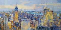 Panorama de New York, peinture à l'huile originale, 50 x 100, paysage urbain abstrait signé
