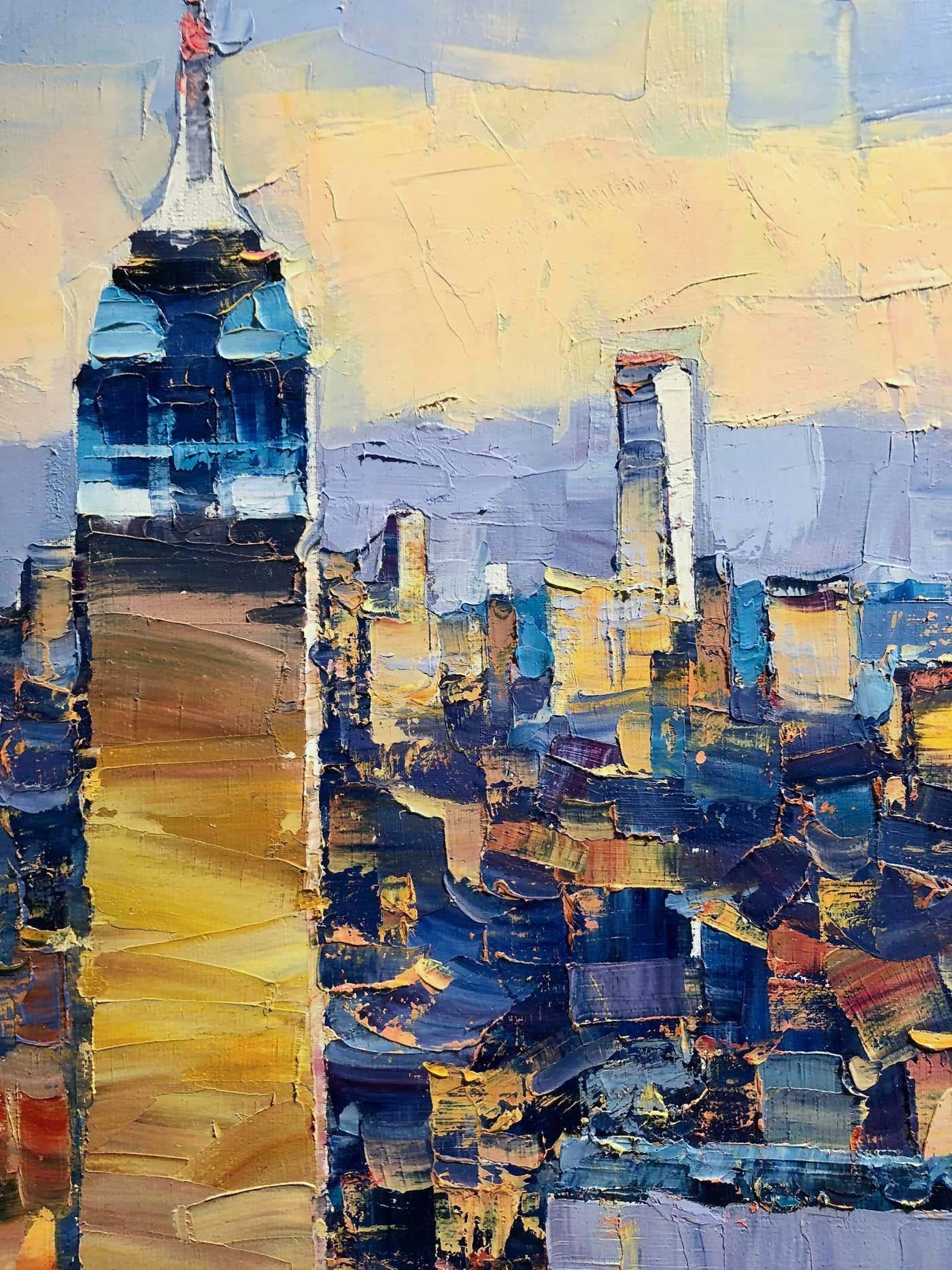 NYC Panorama-original abstraktes Stadtbild-Landschaft-Ölgemälde-zeitgenössische Kunst (Grau), Abstract Painting, von Alex Hook Krioutchkov