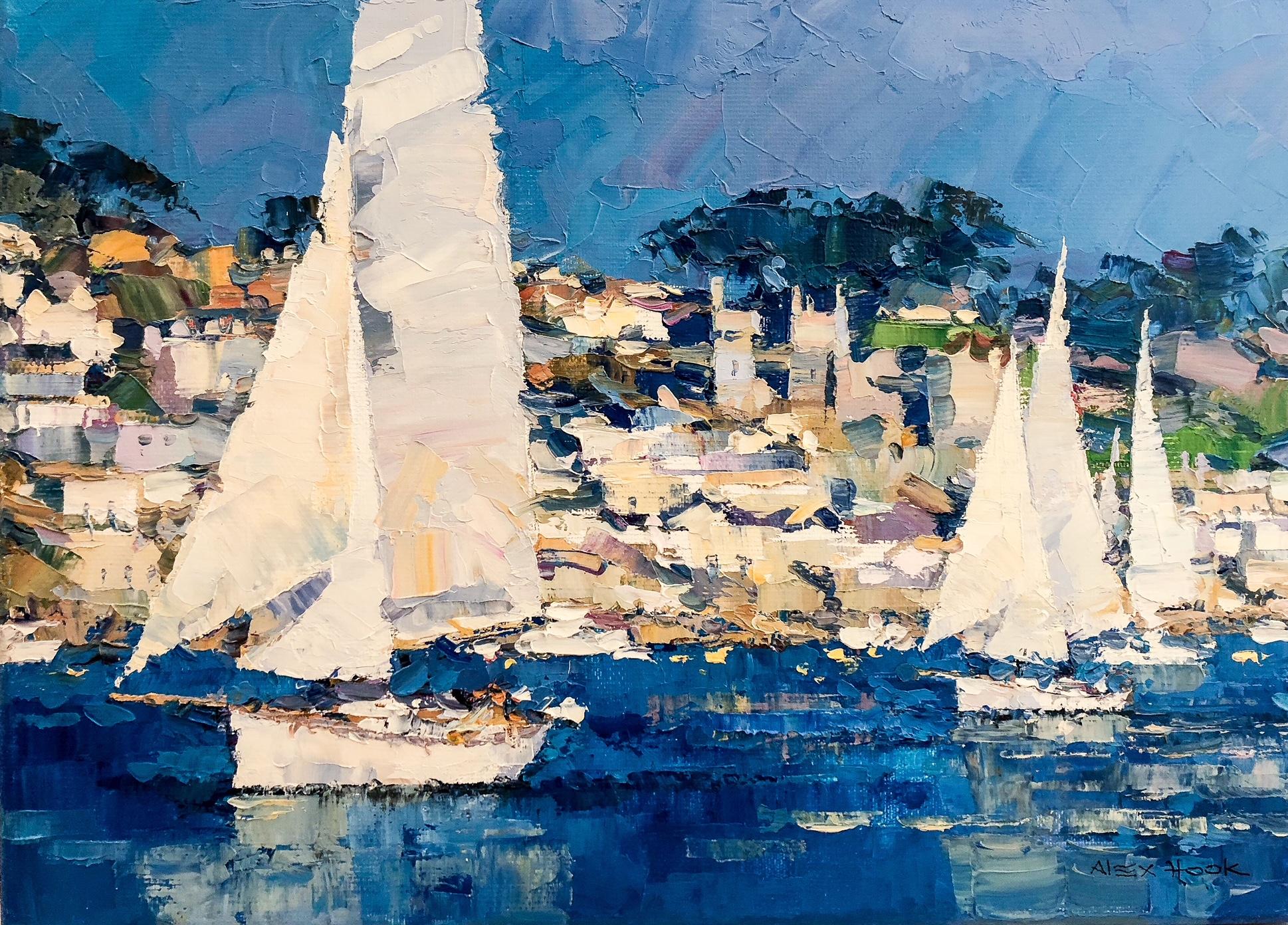 Yachts Sailing - abstract landscape oil painting waterscape boats coastal modern