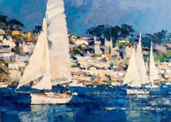 Yachts Sailing - paysage abstrait peinture à l'huile paysage aquatique bateaux côtier moderne